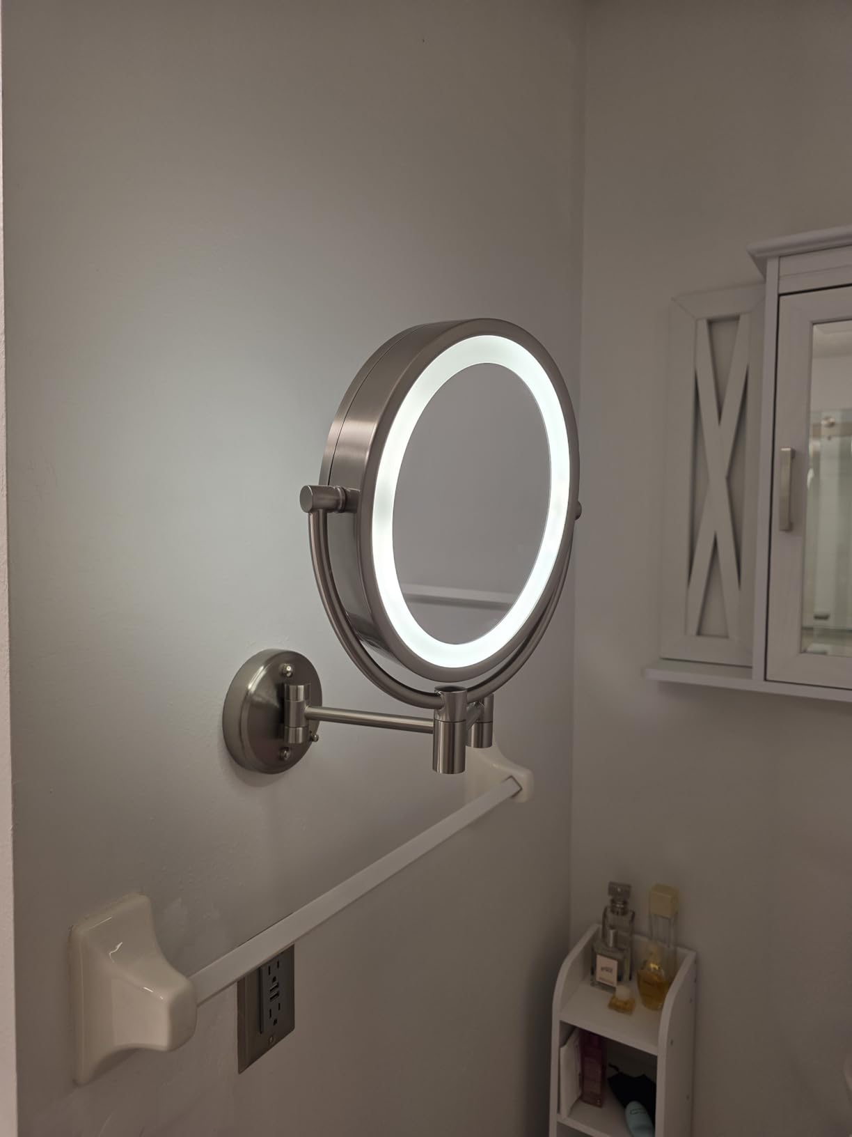 JERDON Two-Sided Wall-Mounted Makeup Mirror with Lights - Lighted Makeup Mirror with 10X Magnification & Wall-Mount Arm - Oval Mirror with Nickel Finish Wall Mount - Direct Wire - Model HL9515NLD customer photo 1