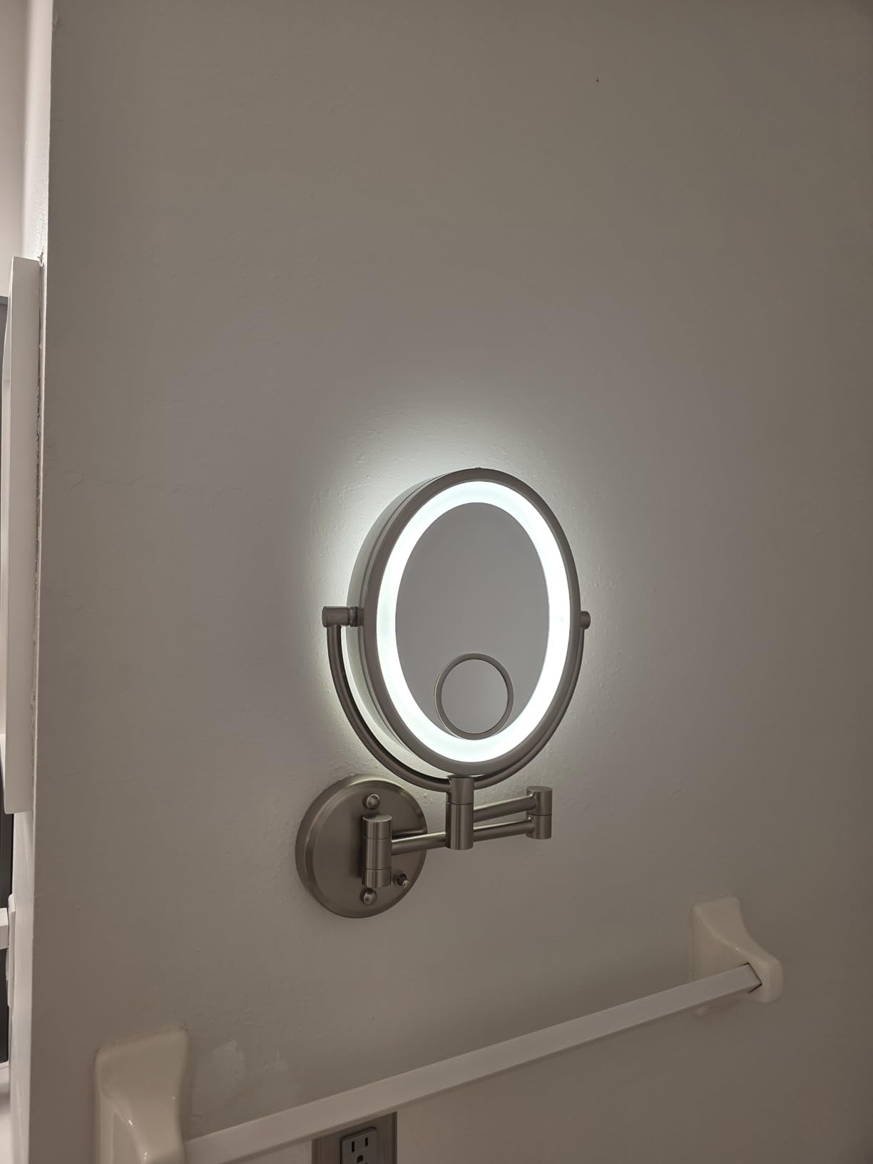 JERDON Two-Sided Wall-Mounted Makeup Mirror with Lights - Lighted Makeup Mirror with 10X Magnification & Wall-Mount Arm - Oval Mirror with Nickel Finish Wall Mount - Direct Wire - Model HL9515NLD customer photo 2