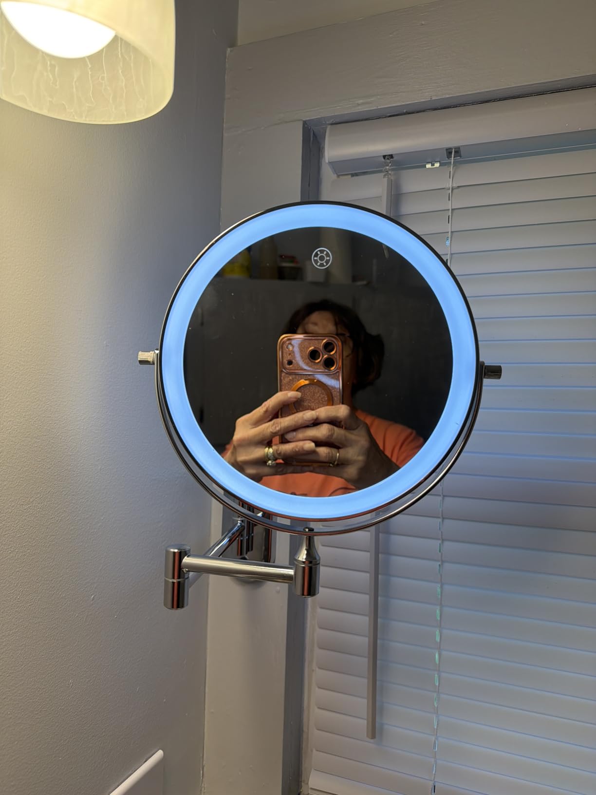 FUNTOUCH 5000mAh Rechargeable Wall Mounted Lighted Makeup Vanity Mirrors, Double Sided 1X 30X Magnifying, 3 Color Lighting, Touch Screen Dimming, Extended Arm 360 Rotation Shaving Bathroom Mirror customer photo 1