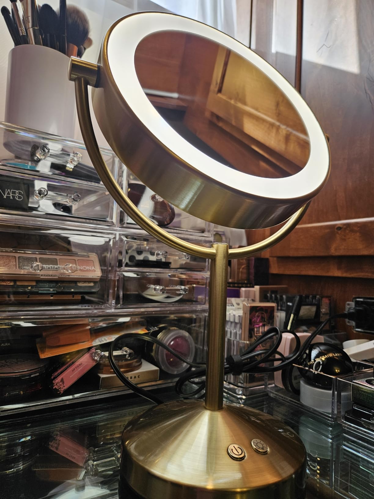 Conair Lighted Makeup Mirror, Double-Sided LED Vanity Mirror with 1X/10X Magnification, 3 Light Settings, 3 Modes, 360° Rotation, Satin Nickel Finish customer photo 1