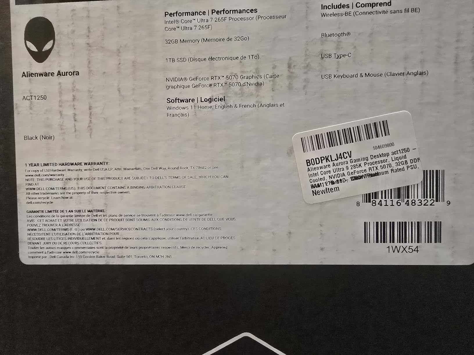 Alienware Aurora Gaming Desktop ACT1250 - Intel Core Ultra 7 265F, 32GB DDR5 RAM, 1TB SSD, NVIDIA GeForce RTX 5070, 1000W Platinum Rated PSU, Windows 11 Home customer photo 2