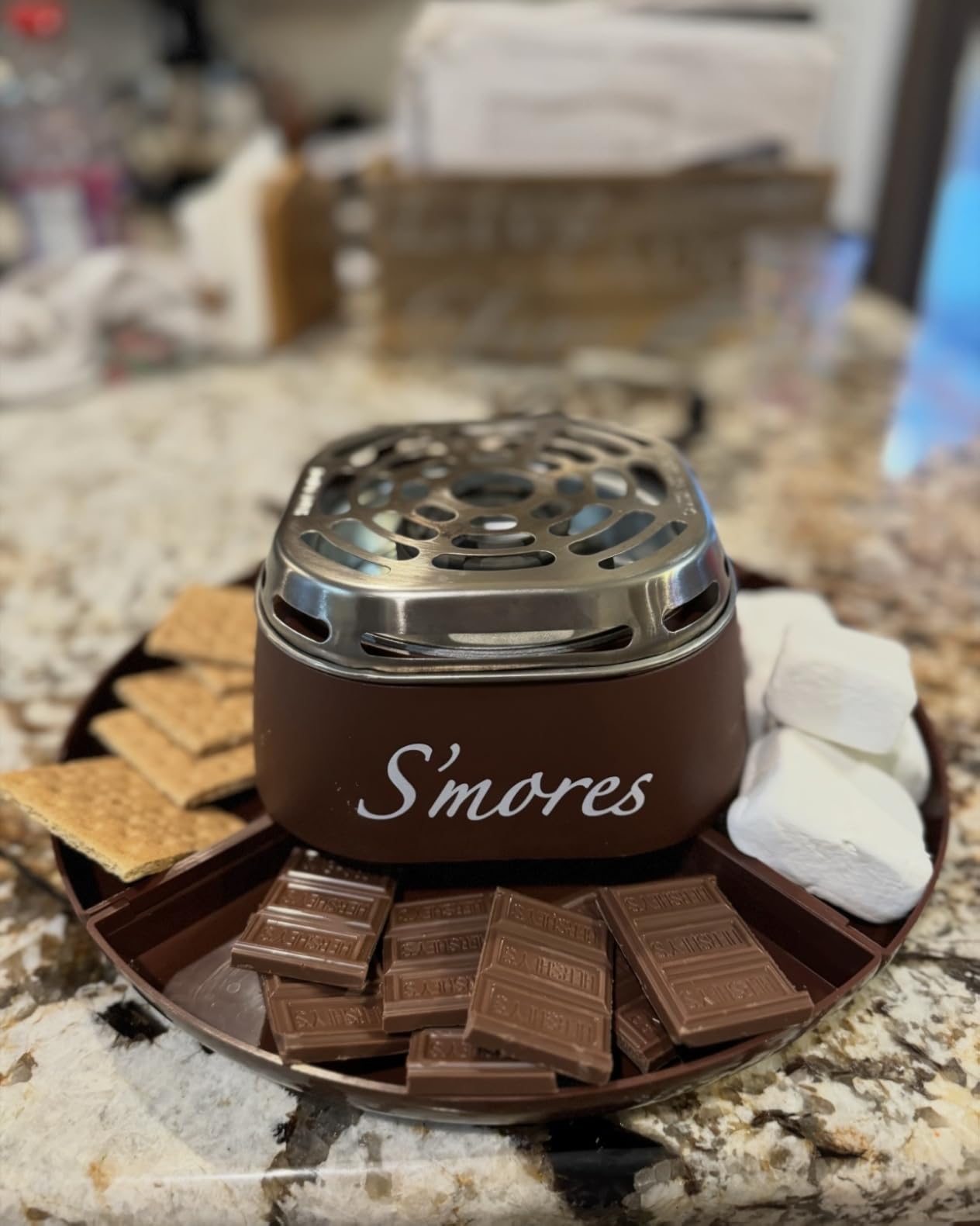 Nostalgia Tabletop Indoor Electric S'mores Maker - Smores Kit With Marshmallow Roasting Sticks and 4 Trays for Graham Crackers, Chocolate, and Marshmallows - Movie Night Supplies - Brown customer photo 1