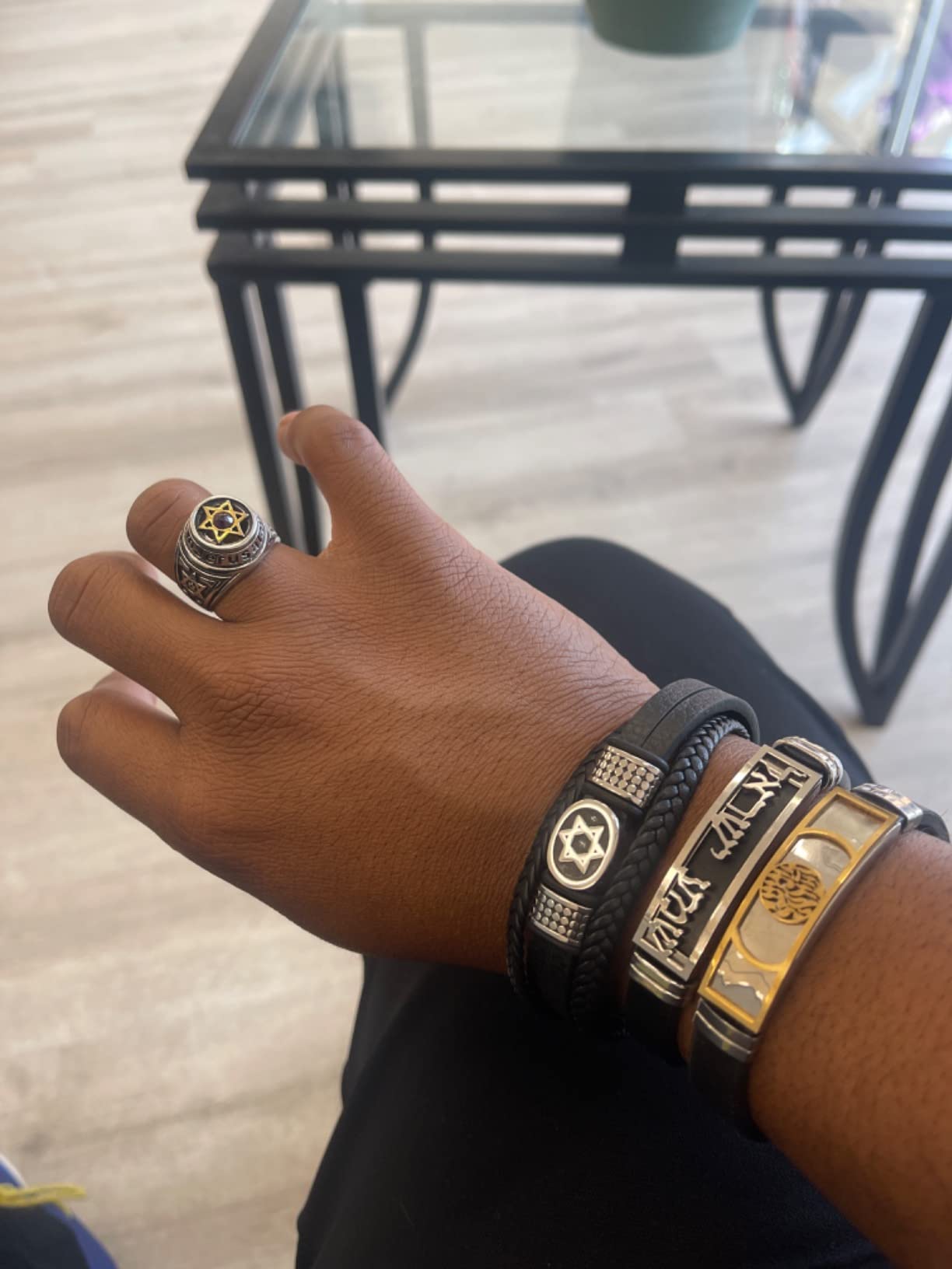 TEMICO Mens Black Leather Cuff Bracelet Multi-Layer Braided Leather Magen Star of David Bracelet Jewish Jewelry customer photo 1