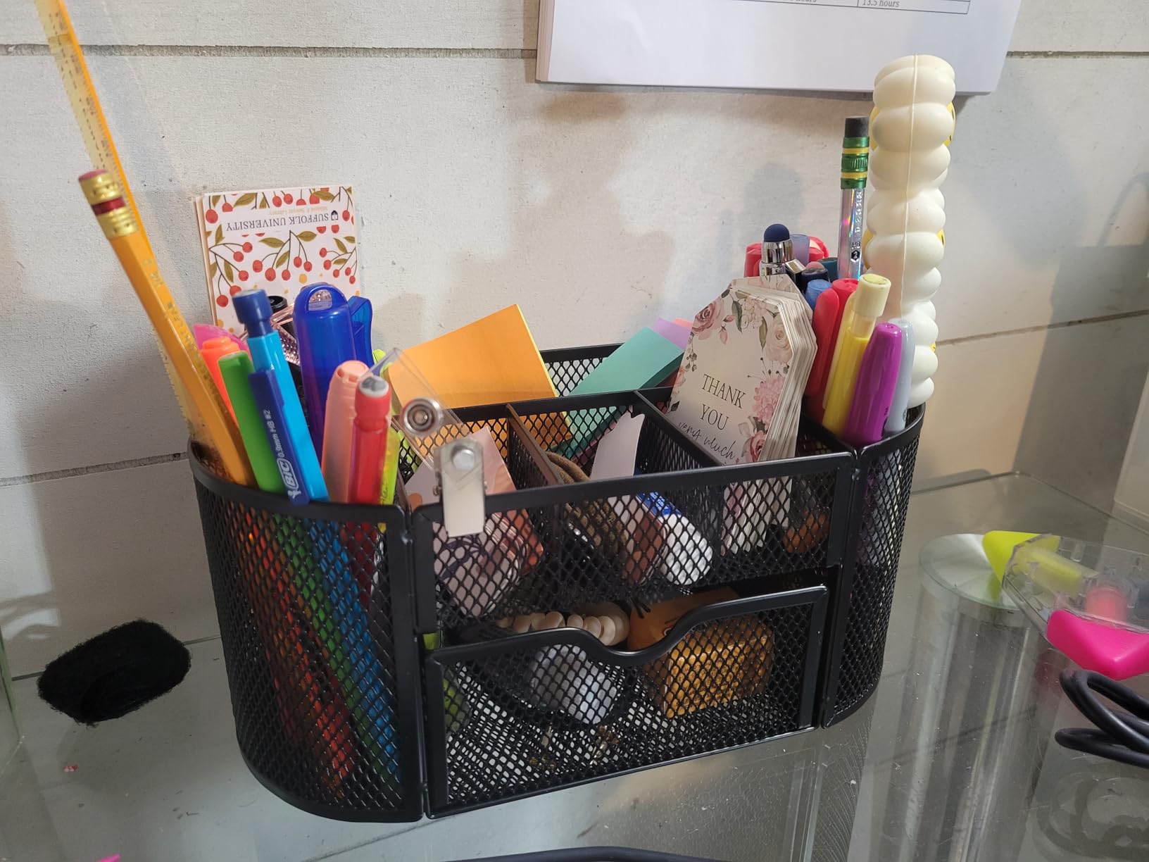 Amazon Basics Mesh Desk Organizer with Pen Holder, Pullout Drawer and Office Caddy Storage, 9.25