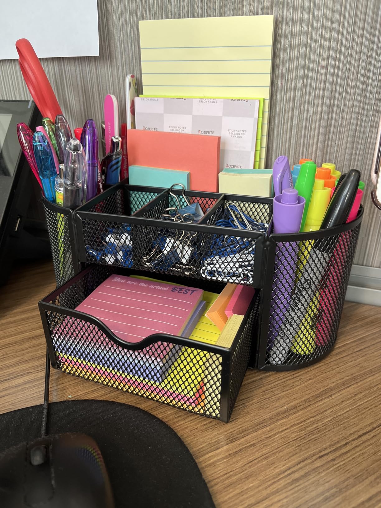 Amazon Basics Mesh Desk Organizer with Pen Holder, Pullout Drawer and Office Caddy Storage, 9.25