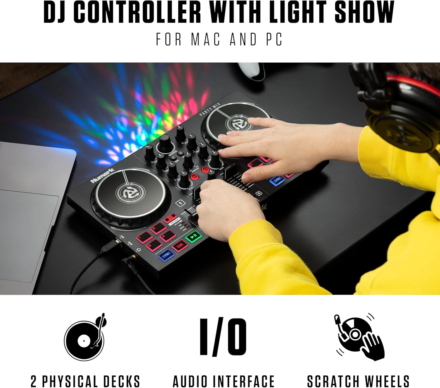 Numark Party Mix II DJ Controller with Built-in Lights | 2-Deck, DJ Mixer, Touch-Capacitive Wheels, Integrated Audio Interface, and Serato DJ Lite customer photo 2