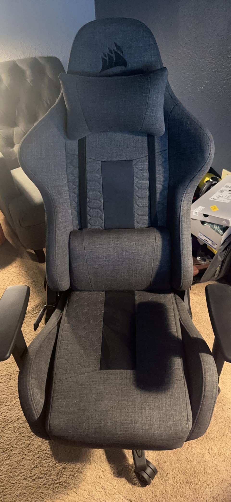 Corsair TC100 Relaxed Gaming Chair - Fabric - Racing-Inspired Design - Lumbar Pillow - Detachable Memory Foam Neck Pillow - Adjustable Seat Height - Adjustable Armrests - Gray and Black customer photo 1