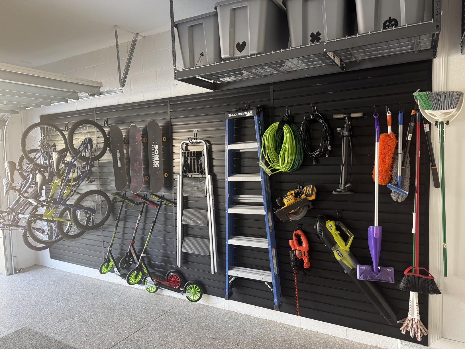 FRAYSCENT Slat Wall Paneling Garage Wall Organizer, Slatwall Panels Garage Tool Organizer Wall Mount Garage Slat Wall Storage Systems, Slat Board PVC Wall Panels Garage Storage (Black, 8ftx4ft) customer photo 2