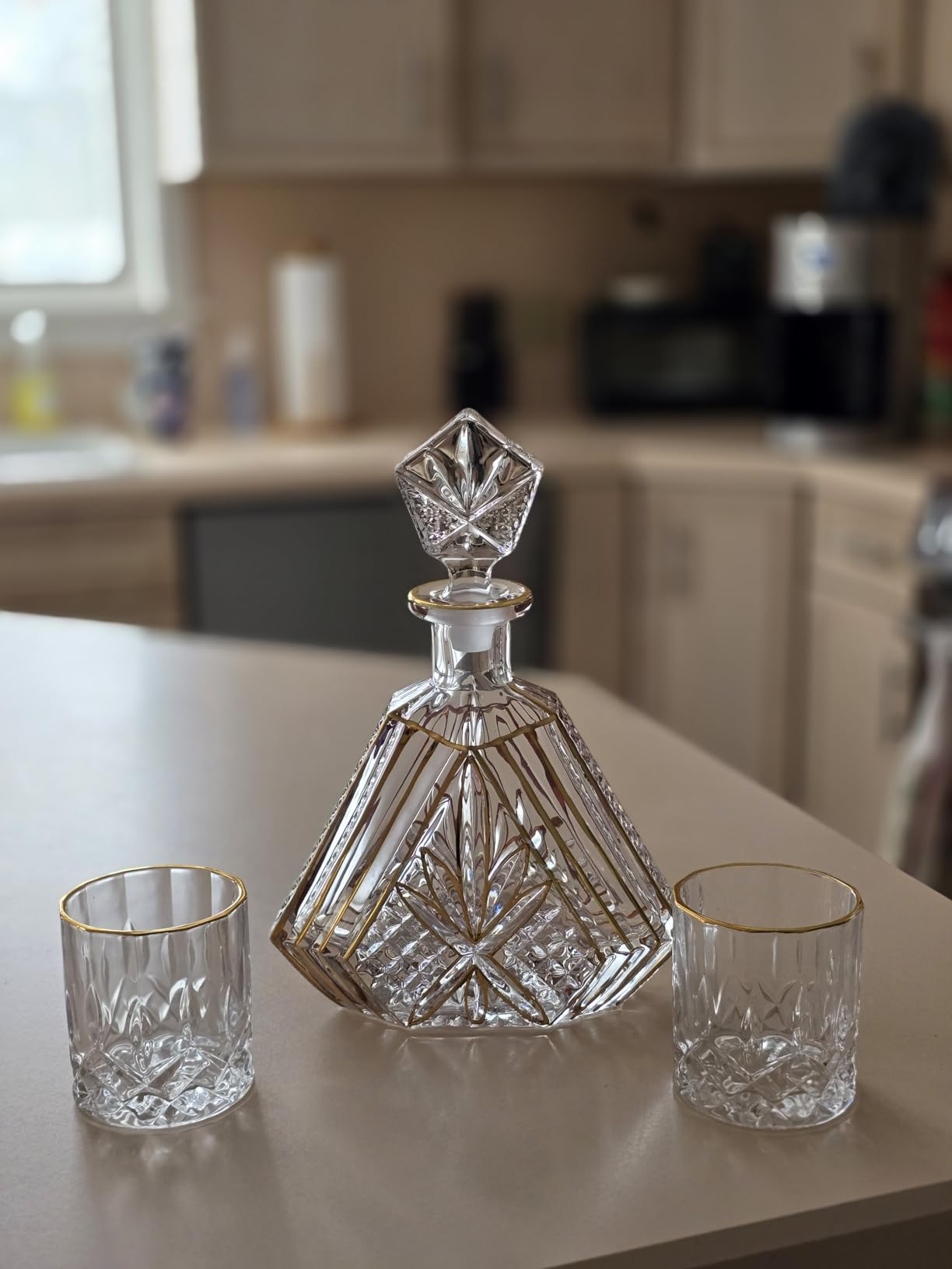 Hand-painted Gold Decanter Set for Men - Whiskey Decanter, Wine Aerator, and 2 Glasses, Liquor Bottles, Bourbon and Tequila Decanter, Crystal Decanter and 2 Old Fashioned Glass customer photo 1