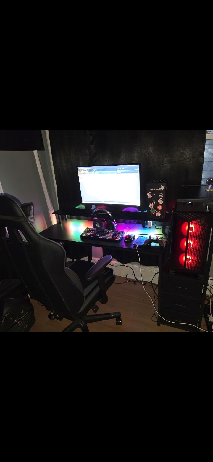 AODK 59 Inch Gaming Desk with LED Light, Reversible Computer Desk with Storage Shelves & Monitor Stand, Fabric Drawers Fits Compact PC Towers, Black customer photo 2
