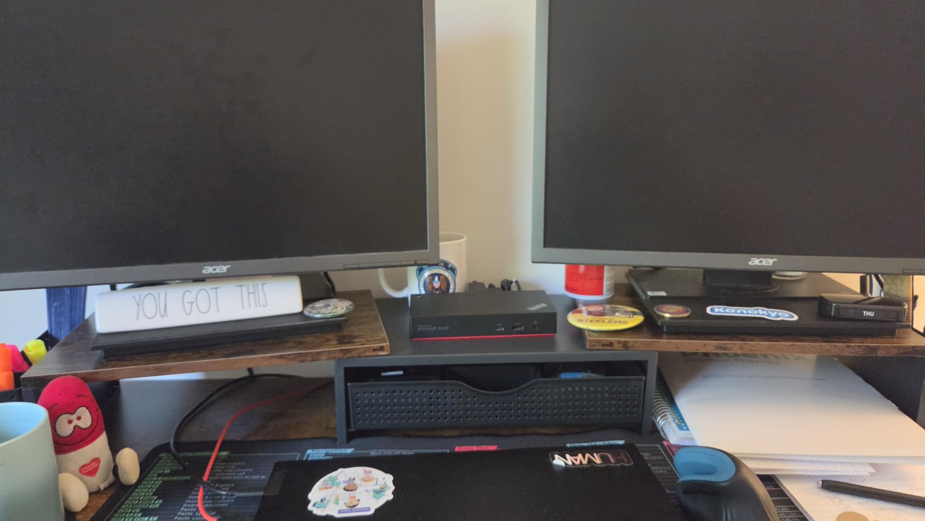 gianotter Dual Monitor Stand Riser, Desk Organizer With Drawer and 2 Pen Holders, Computer Monitor Stand, Desk Shelf for Top of Desk (Black) customer photo 2
