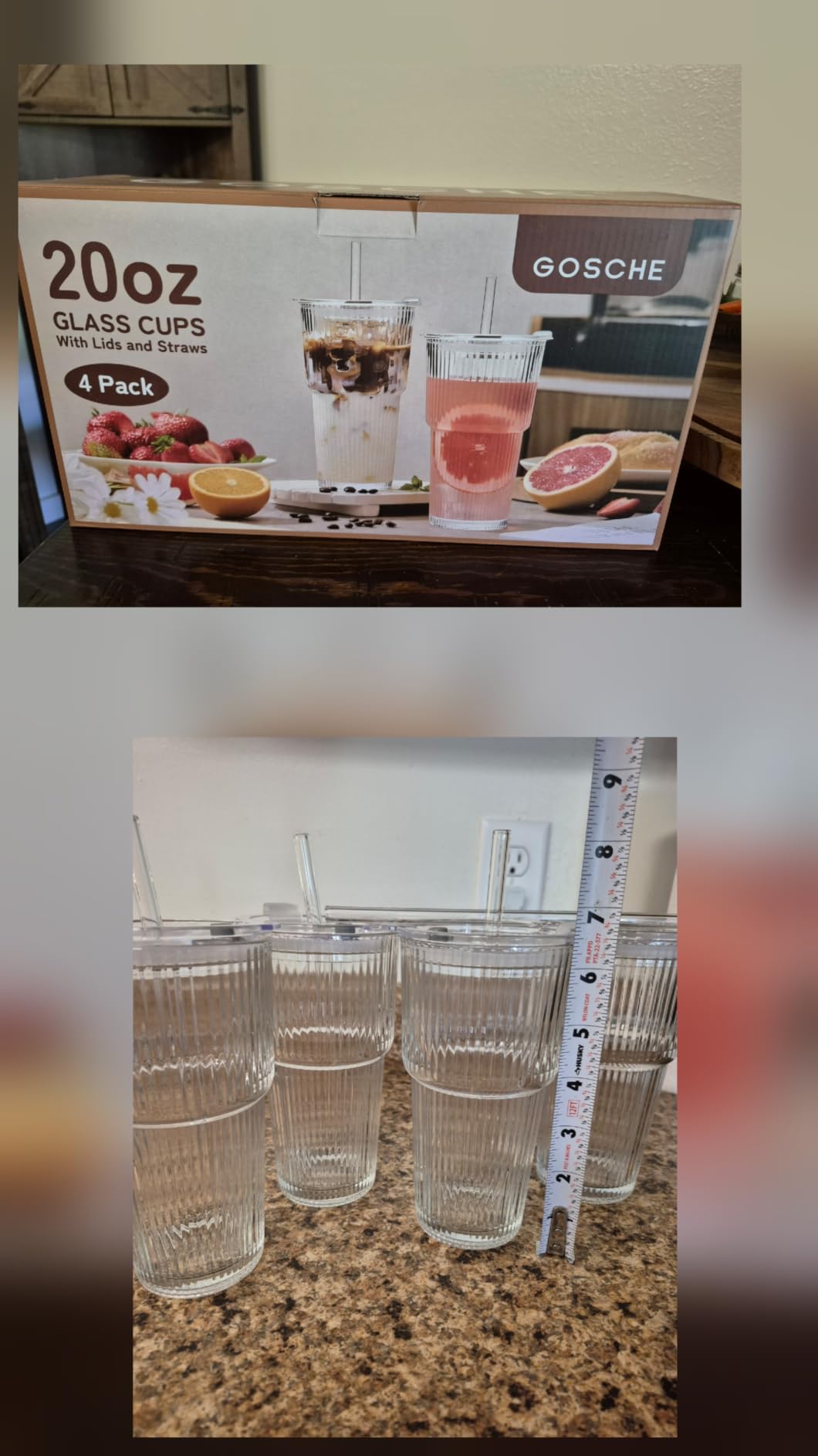 GOSCHE 20oz Glass Tumblers with Straws and Lids, Ribbed Iced Coffee Cups Leak-proof, Dishwasher Safe, Thickened Glass Cups with Lids Ideal for Coffee and Travel, Clear, 4 Pack customer photo 1