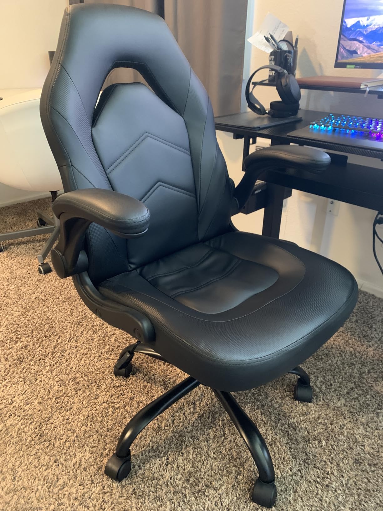 Sweetcrispy Computer Video Game Desk Chair: Ergonomic Comfy Lumbar Support, PU Leather with Flip-up Armrest, Height Adjustable and 360 Swivel, for Adults, Black Grey customer photo 1