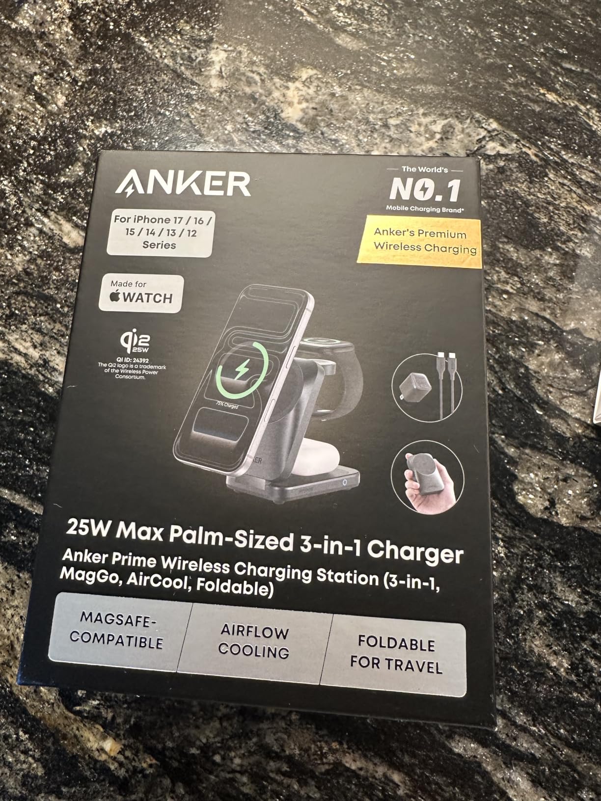 Anker Prime Foldable MagSafe Charger, 25W Qi2.2-Certified Palm-Sized Travel-Ready 3-in-1 Charging Station, AirCool Wireless Charger, for iPhone 17, Apple Watch, AirPods (Non-Battery, with Adapter) customer photo 1