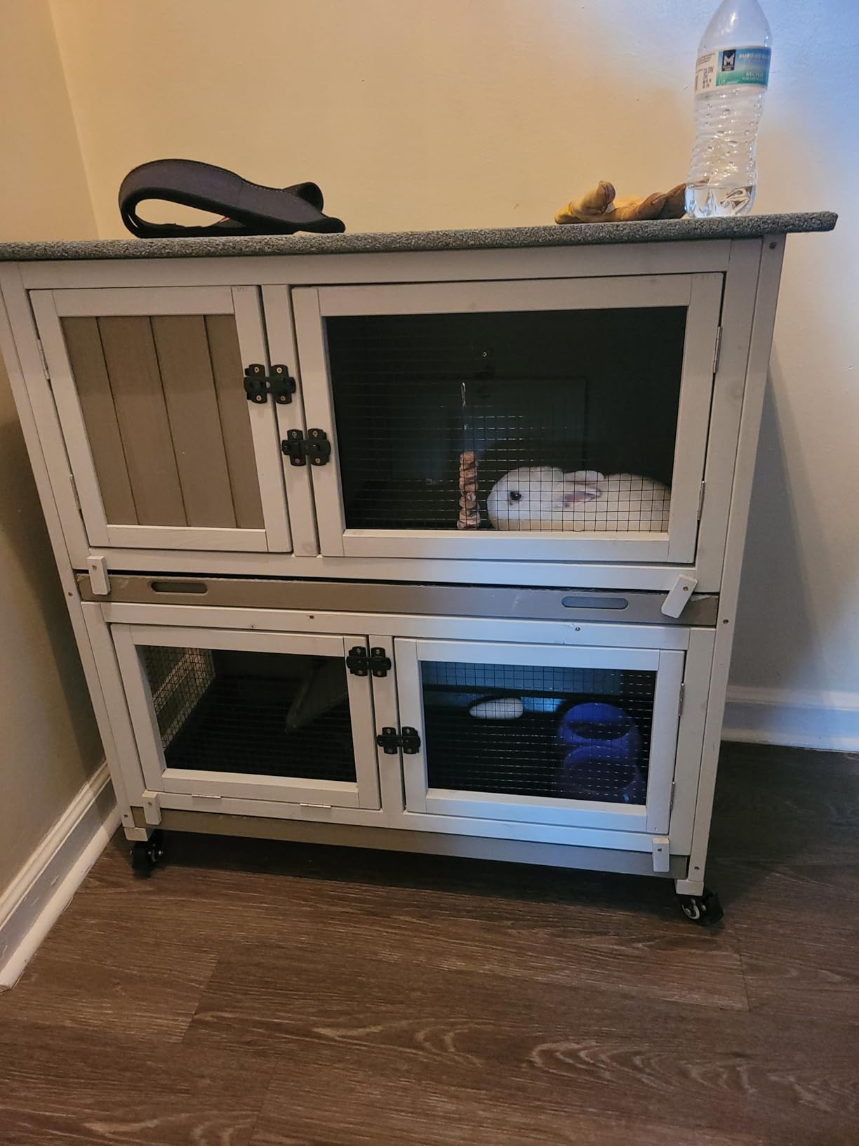 2 Story Rabbit Hutch Outdoor Indoor, Wooden Bunny Cage with 6 Lockable Wheels, 3 Removable No Leakage Pull Out Trays, Chew-Proof Ramp & Waterproof Roof, Ideal for Rabbit & Guinea Pig customer photo 2