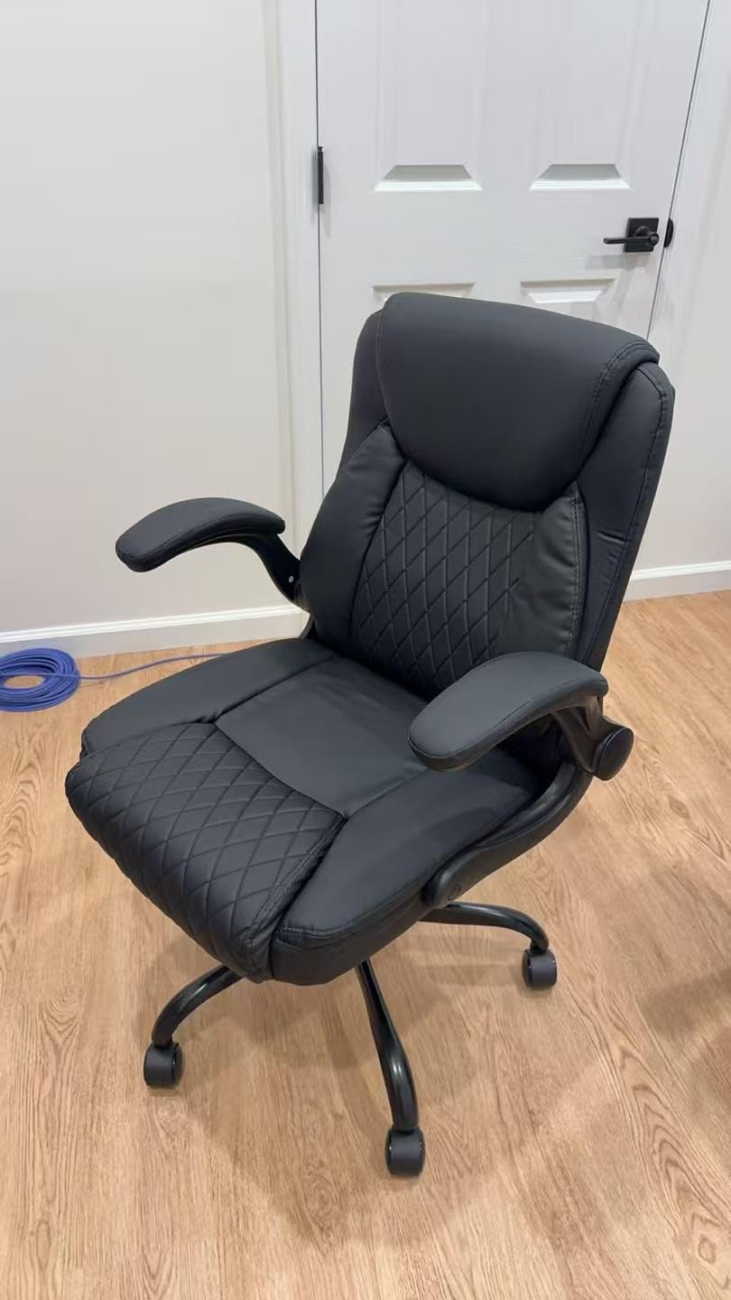 GTPLAYER Leather Office Chair, Home Desk Chair with Flip-up Arms and Ergonomic Back - Comfy Heavy Duty Executive Chair for Home Office Gaming, Black customer photo 1