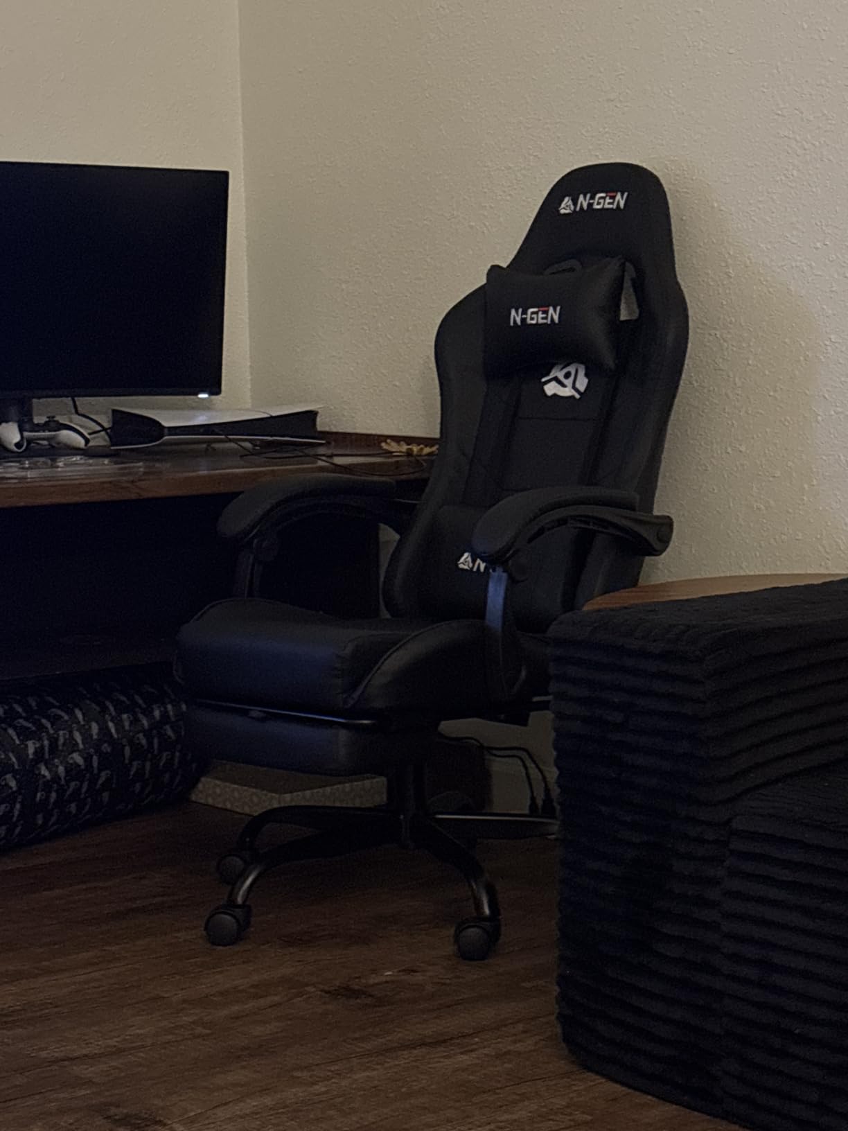 N-GEN GAMING Video Gaming Chair with Footrest Lumbar Support for Home Office High Back Recliner Height Adjustable Ergonomic Comfy Leather Computer Desk Chair (Carbon Black) customer photo 1