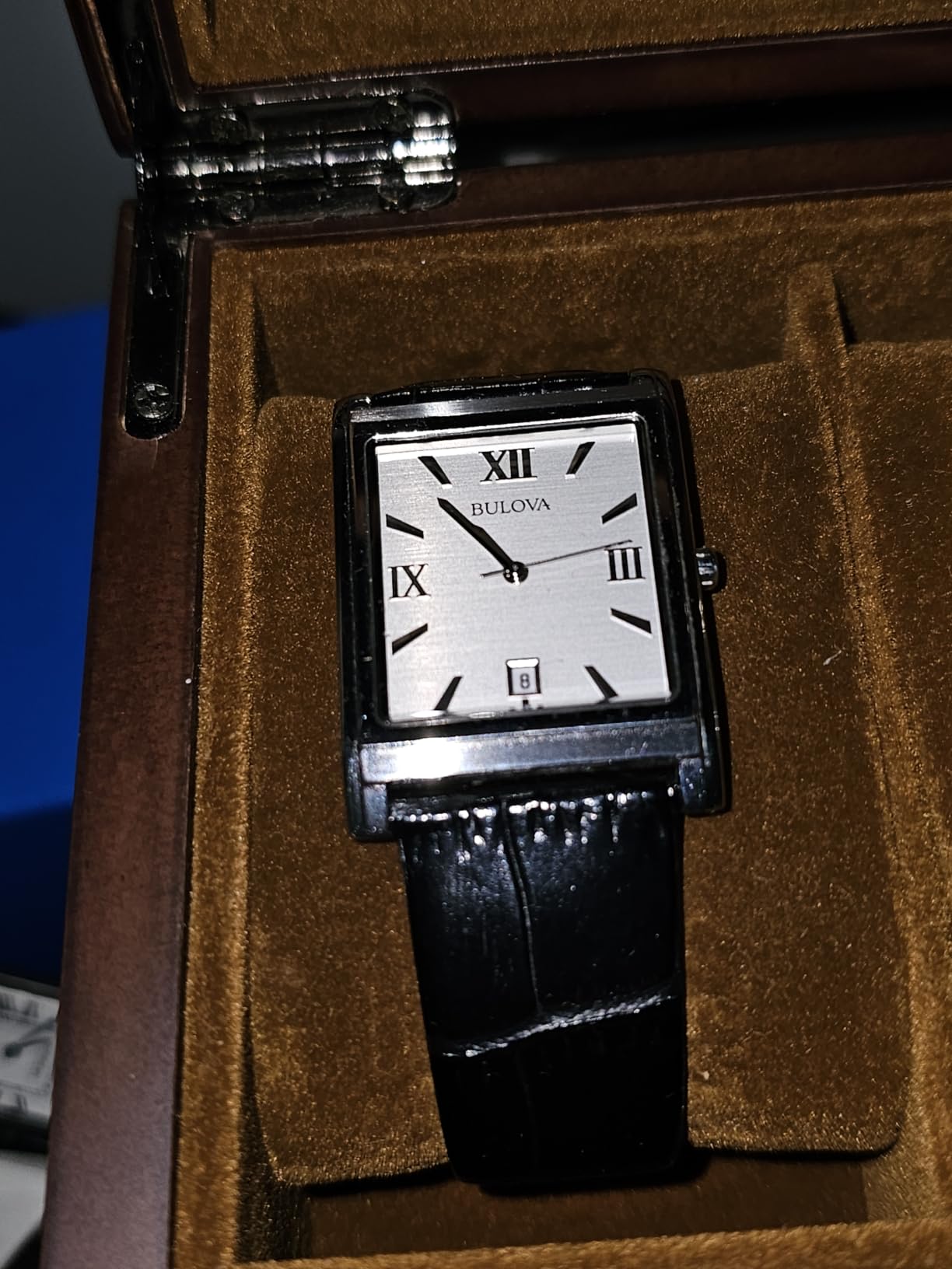 Bulova Men's Stainless Steel 3-Hand Calendar Date Quartz Watch with Black Leather Strap, Rectangle Dial Style: 96B107 customer photo 1
