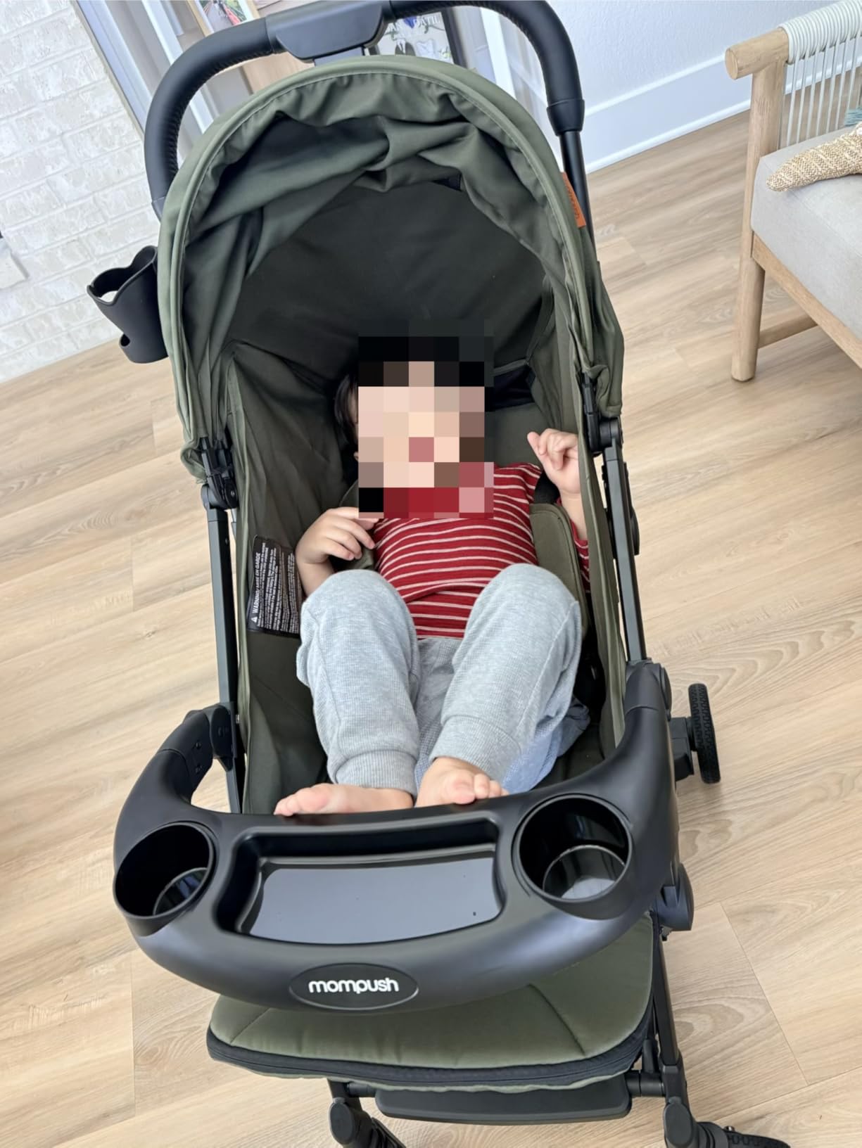 Mompush Lithe V2 Lightweight Travel Stroller Snack Tray Included, Khaki | Compact baby stroller, airplane-ready, one-hand fold, mechanical recline seat, UPF 50+ canopy, travel bag & rain cover customer photo 1
