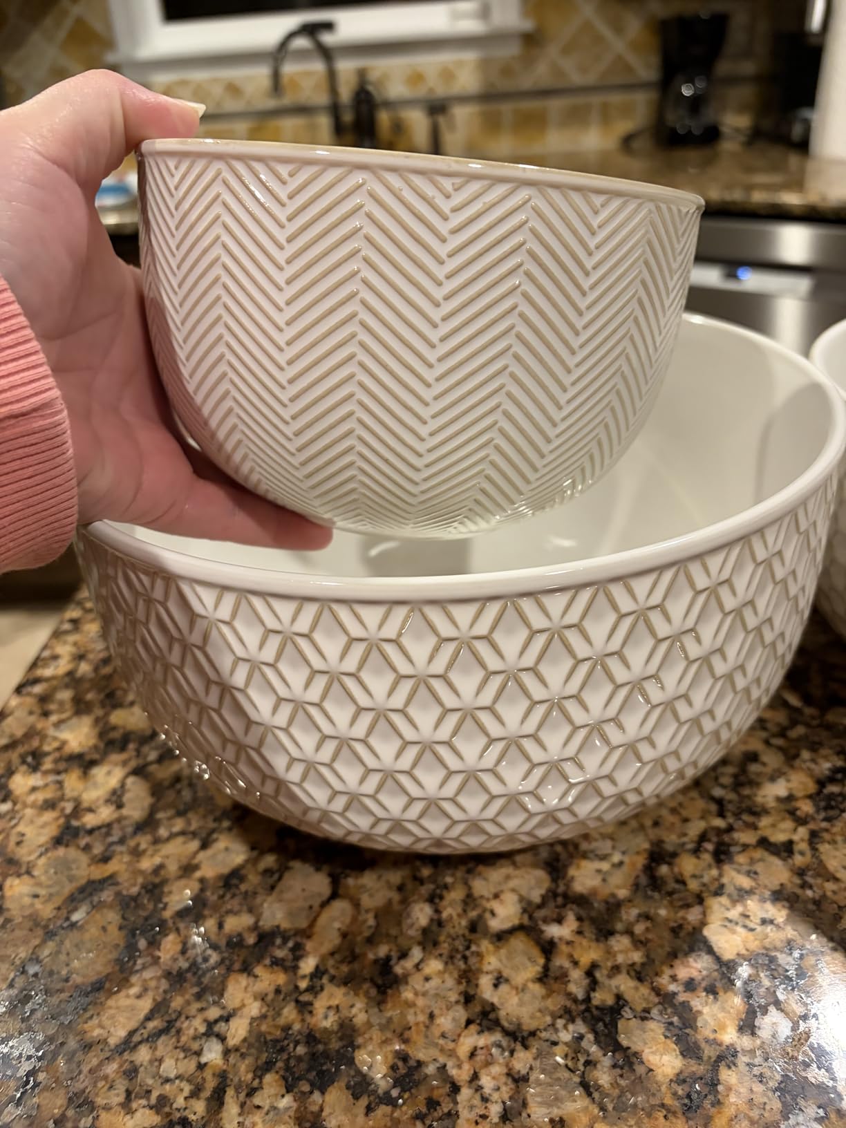 KooK Ceramic Mixing Bowls, Nesting Set of 4, Embossed Kitchen Dishware, Prep, Serving, Gift, Microwave and Dishwasher Safe, 20/44/98/145 oz, Narbonne Collection (Ivory) customer photo 1