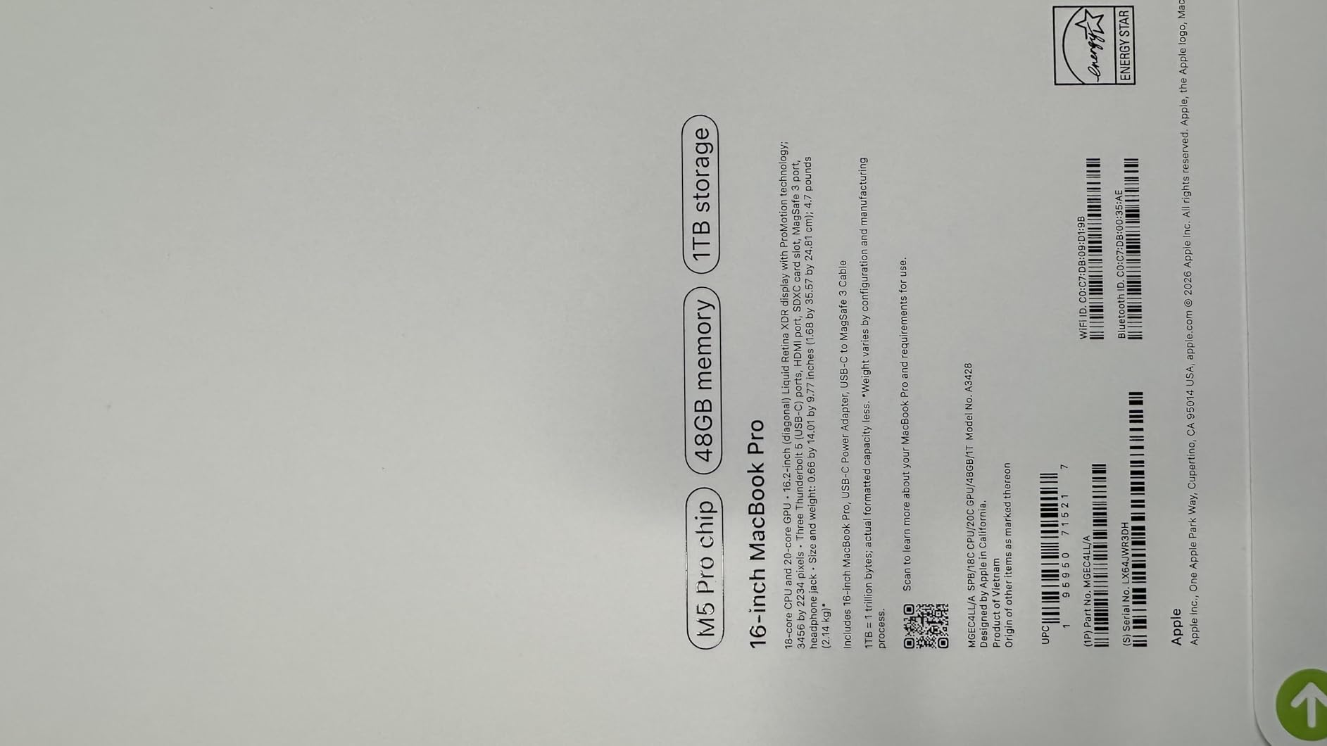 Apple 2026 MacBook Pro Laptop with Apple M5 Pro chip with 18-core CPU and 20-core GPU: Built for AI, 16.2-inch Liquid Retina XDR Display, 48GB Unified Memory, 1TB SSD, Wi-Fi 7; Silver customer photo 1