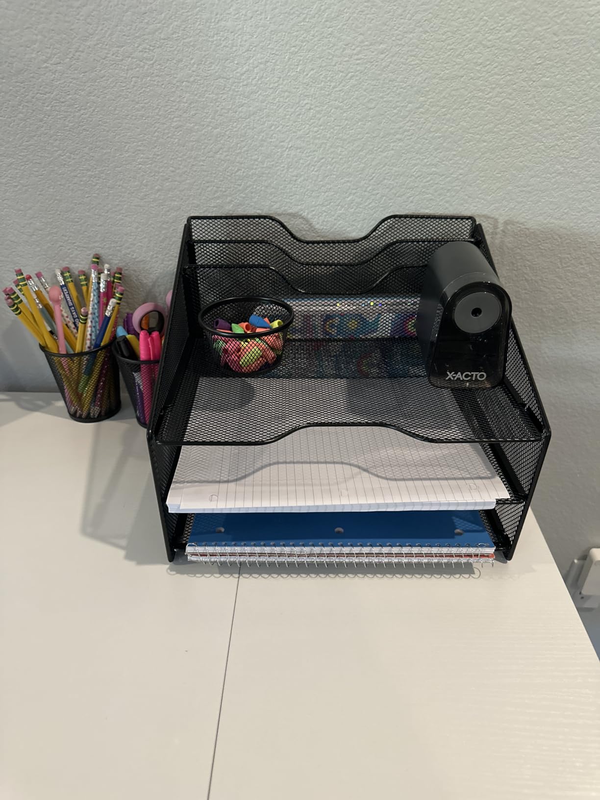Samstar Desk File Organizer, Mesh Letter File Folder Holder with 3 Paper Trays and 2 Vertical Upright Section, for Office Supplies,Desk Accessories & Workspace,Black. customer photo 1