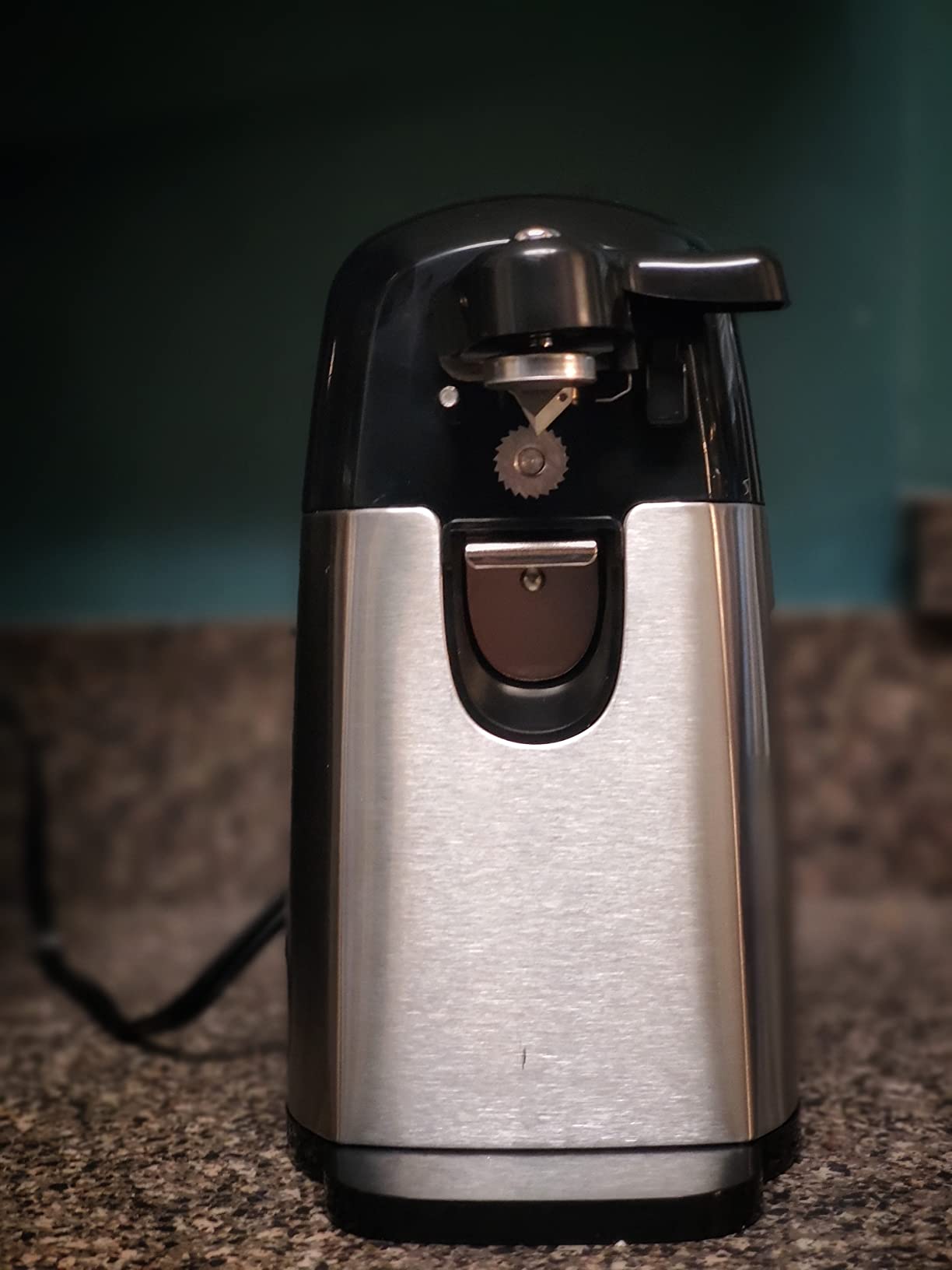Amazon Basics 3-In-1 Electric Can Opener, Bottle Opener and Knife Sharpener with Stainless Steel Blade, Magnetic Lid Holder, Safe, Easy to Use, Powerful, Sleek Design, 50W, Black customer photo 2