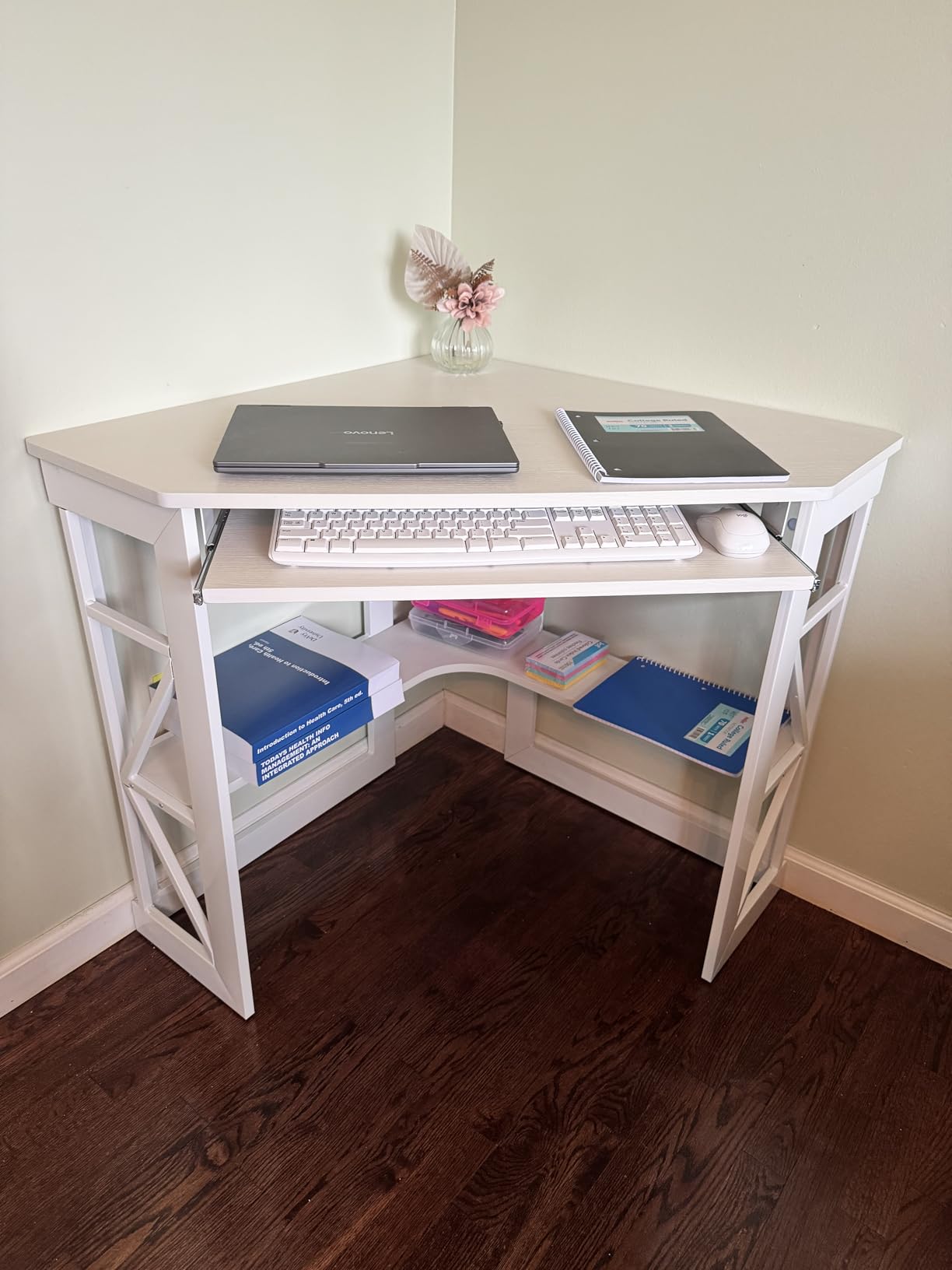 VECELO Corner Computer Desk 41 x 30 inches with Smooth Keyboard & Storage Shelves for Home Office Workstation, White customer photo 1
