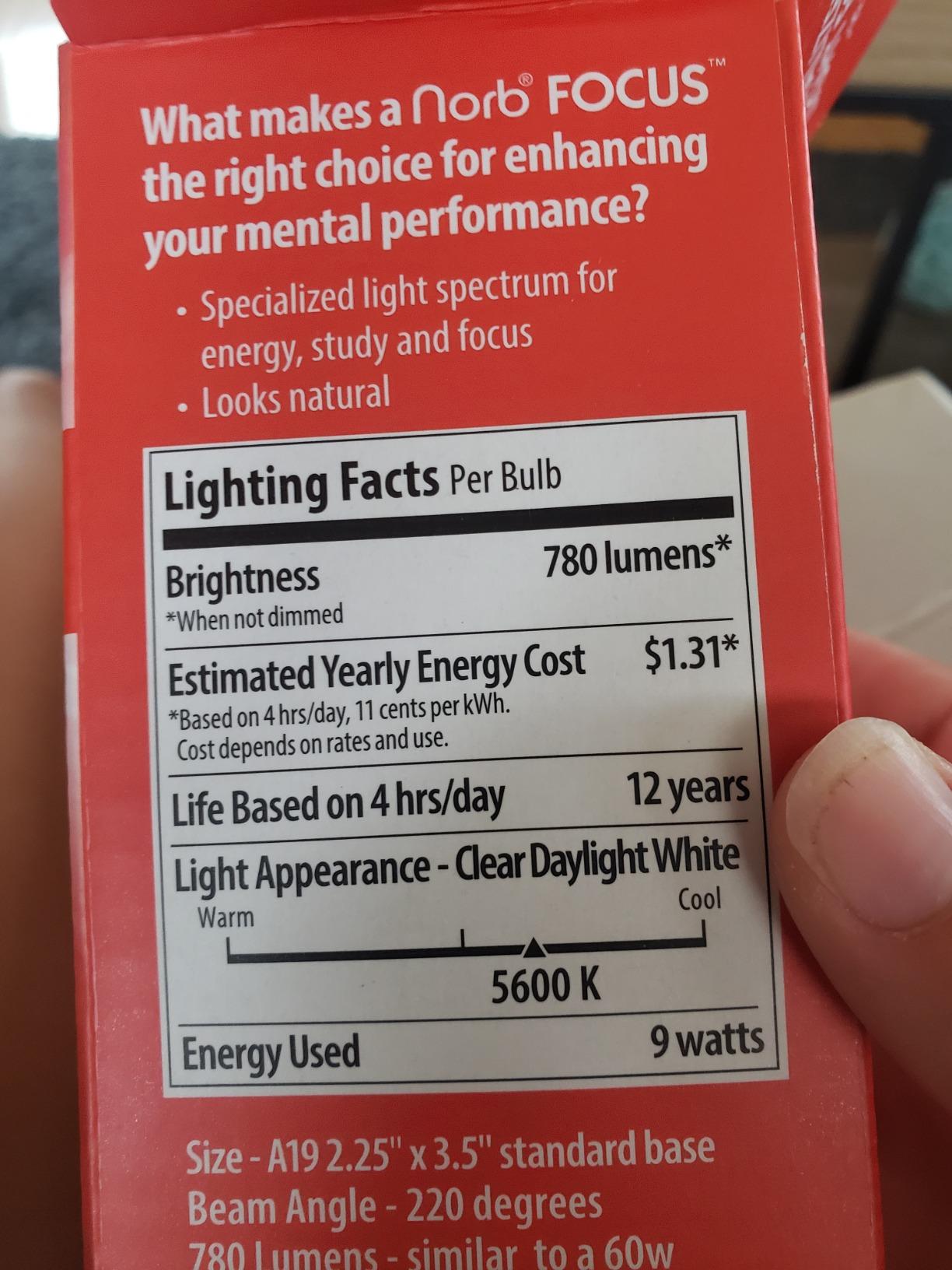 Norb NorbFOCUS LED Full Spectrum Light Bulb A19 Wellness Lighting for Focus & Productivity. for Mental Performance to Read, Study, Work, Focus. Desk or Office Lamp. Patent Pending (1Pack). customer photo 1