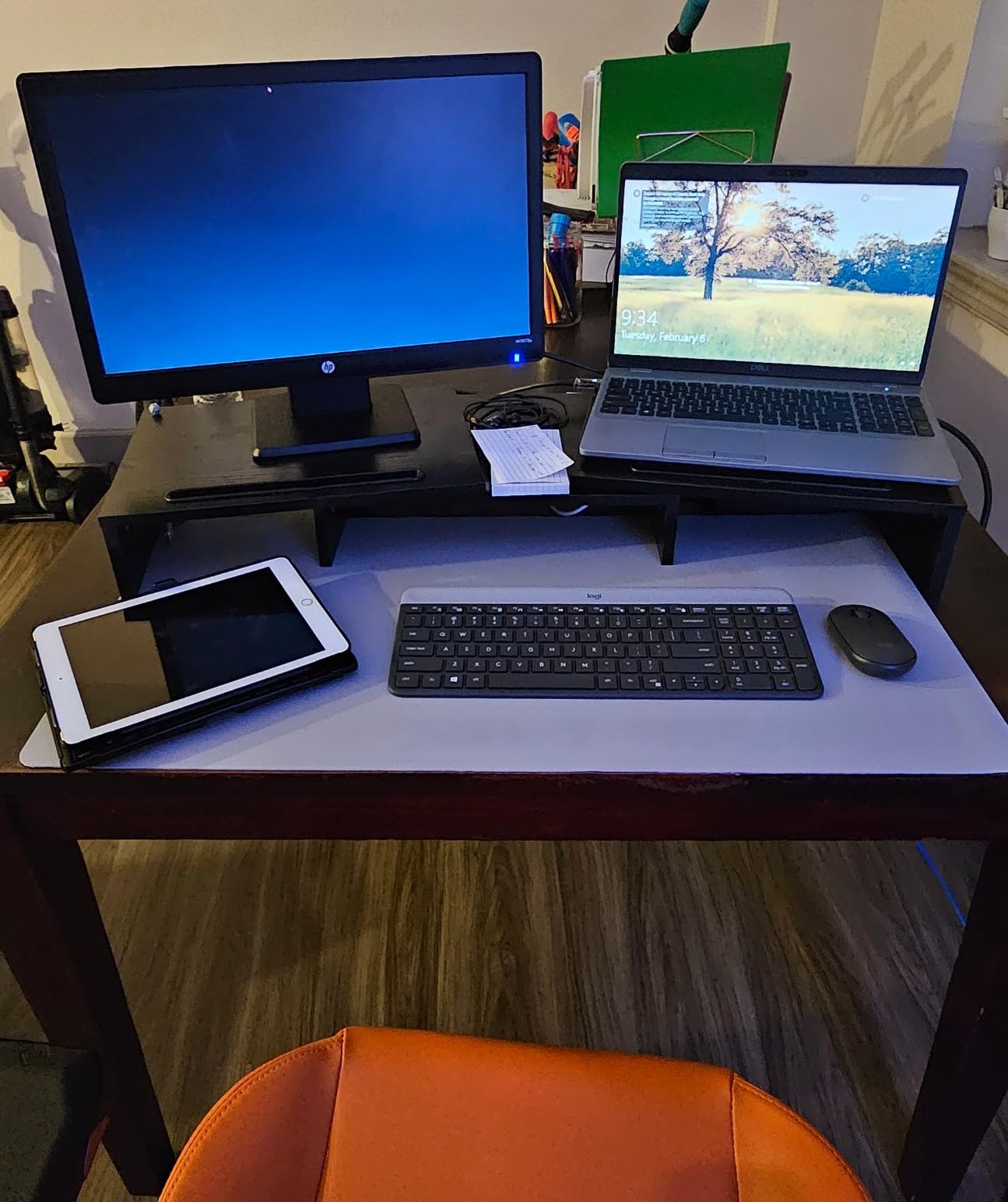 AMERIERGO Dual Monitor Stand Riser- 3 Shelf Screen Stand with Adjustable Length and Angle, 2 Extra Functional Slot Desktop Organizer Stand for PC, Computer, Laptop (Light Wood) customer photo 1
