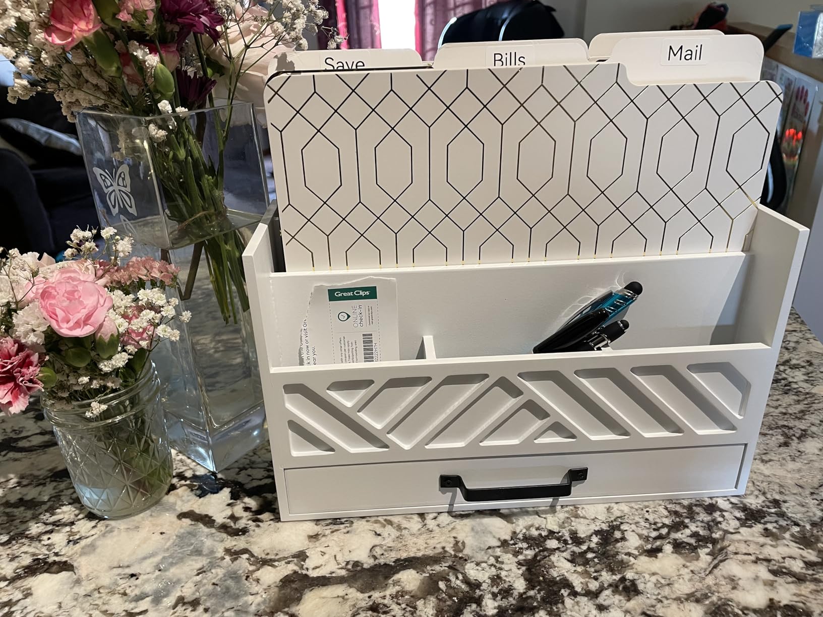 BLU MONACO | Wooden Mail Organizer with Drawer | Mail Organizer Countertop with 6 Compartments | Bill Holder for Desk | White Desktop Mail Sorter customer photo 2