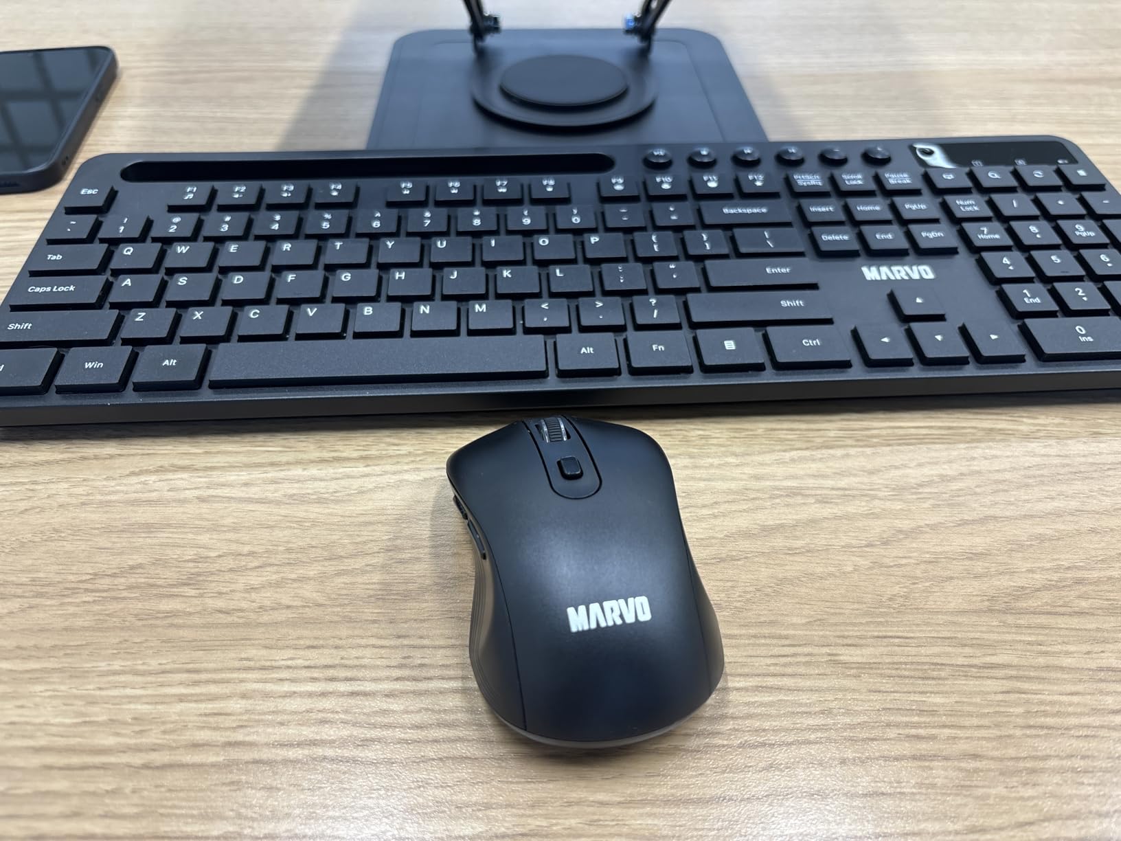 MARVO Wirelss Keyboard and Mouse Combo with Phone Holder, Full-Size, Black | 2.4G Ergonomic Wireless Computer Keyboard with 6 Multimedia, Phone Tablet Holder, Silent Mouse with 6 Button for Mac, Windows customer photo 1