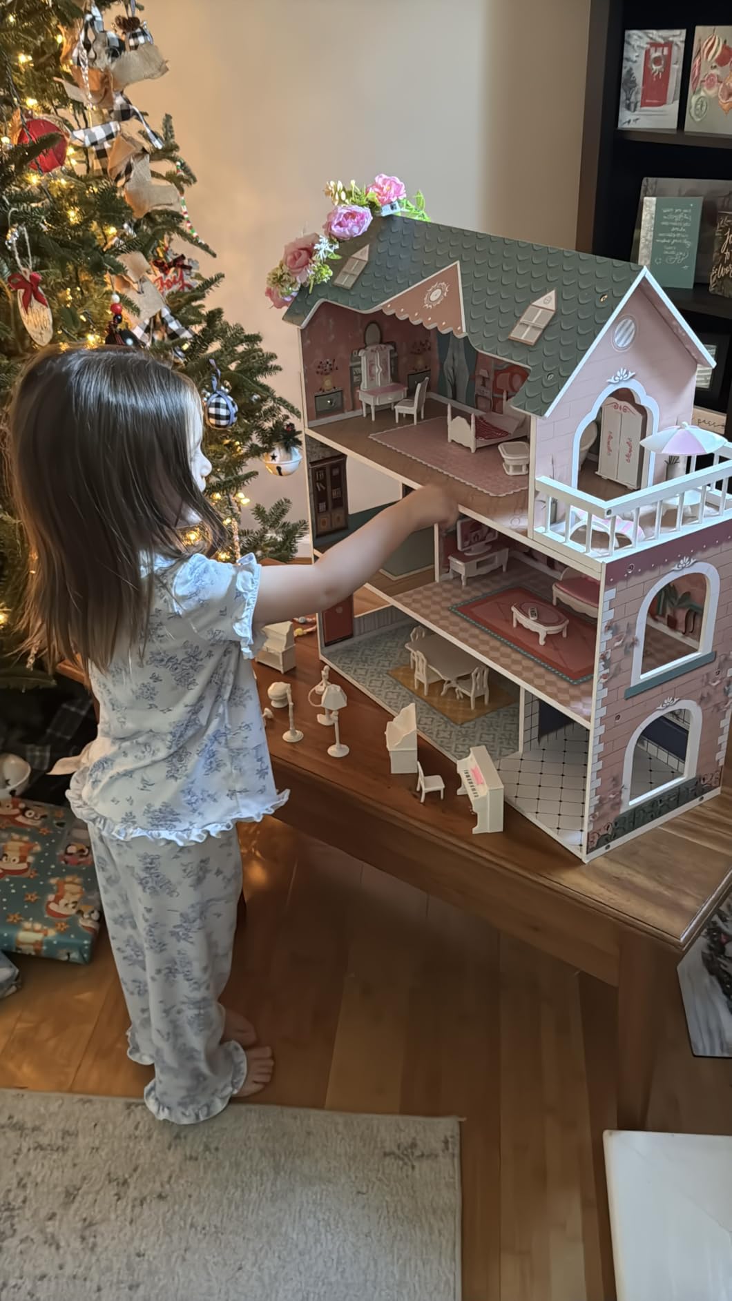 ROBOTIME Doll House Wooden Dollhouse for Kids 3 4 5 6 Years Old, Doll House w/28PCS Furniture Plastic, for 3.3”Dolls, Birthday Presents for Toddler 3+ customer photo 2