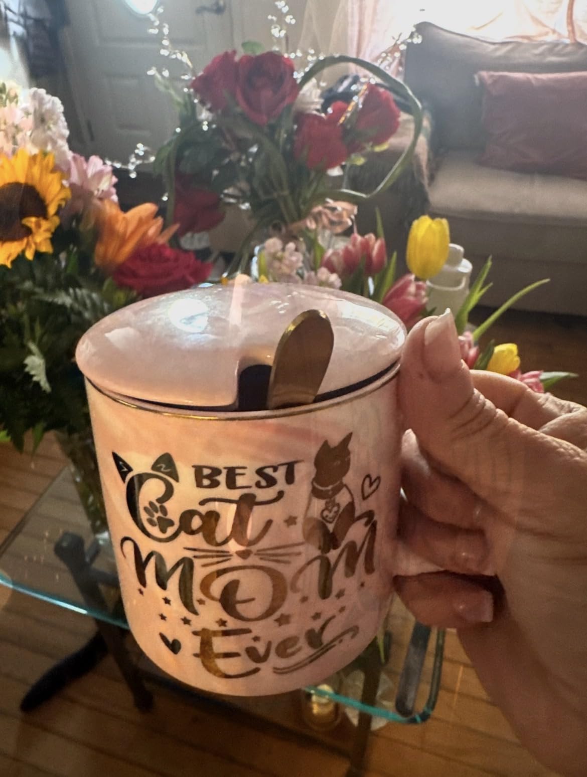 80th Birthday Gifts for Women, 14oz Pink Coffee Mug with Gold Pattern customer photo 1