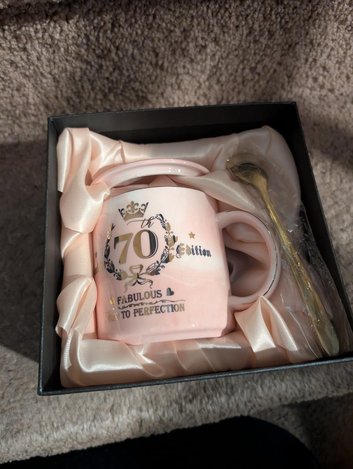 80th Birthday Gifts for Women, 14oz Pink Coffee Mug with Gold Pattern customer photo 2