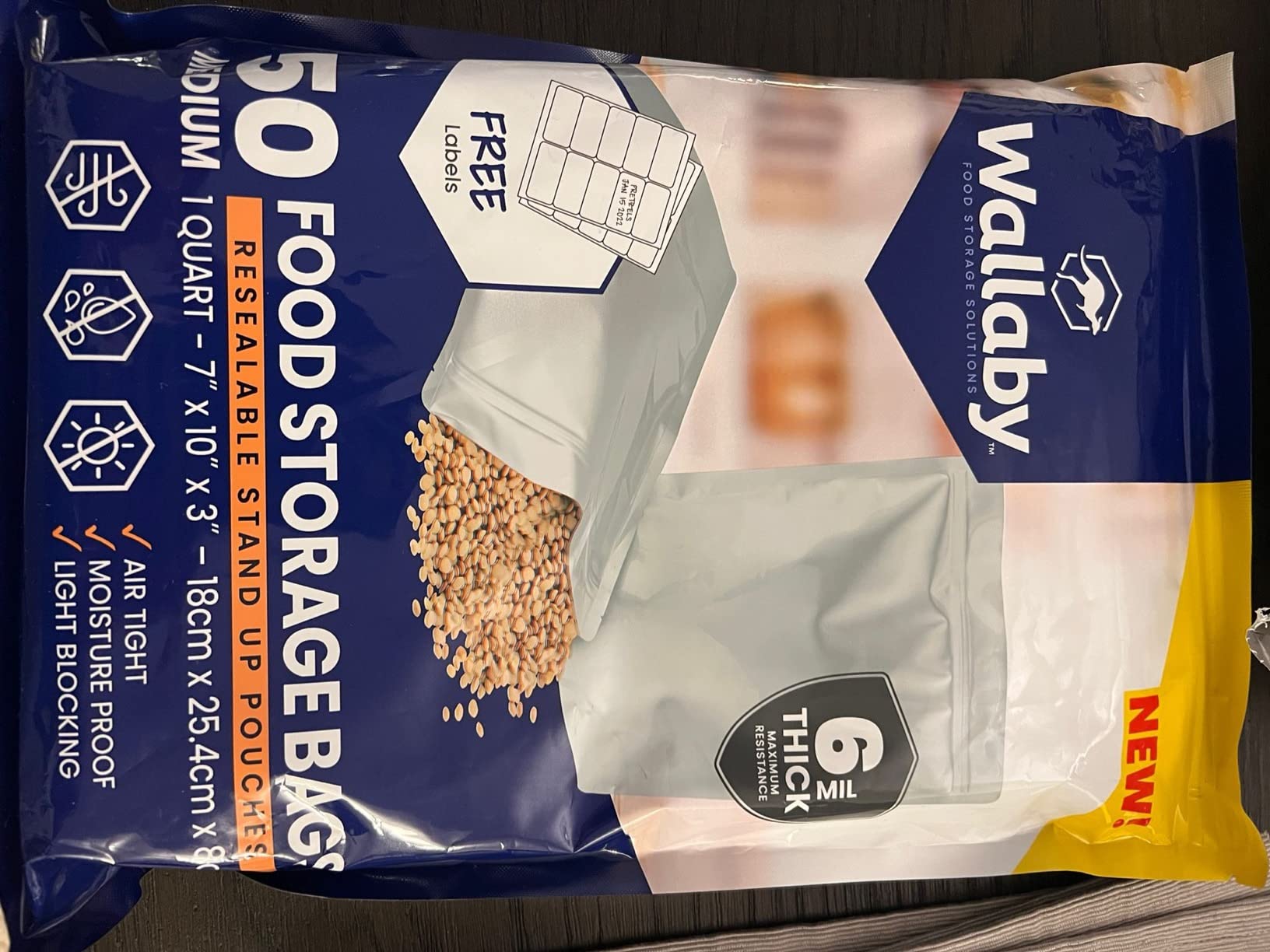 Wallaby 50 Count 1-Pint Gusset Mylar Bags with Labels, 11 Mil Total Thickness Long-Term Food Storage Pouches, 8x6 Stand-Up Zipper Heat-Sealable Airtight Packaging - Silver customer photo 2