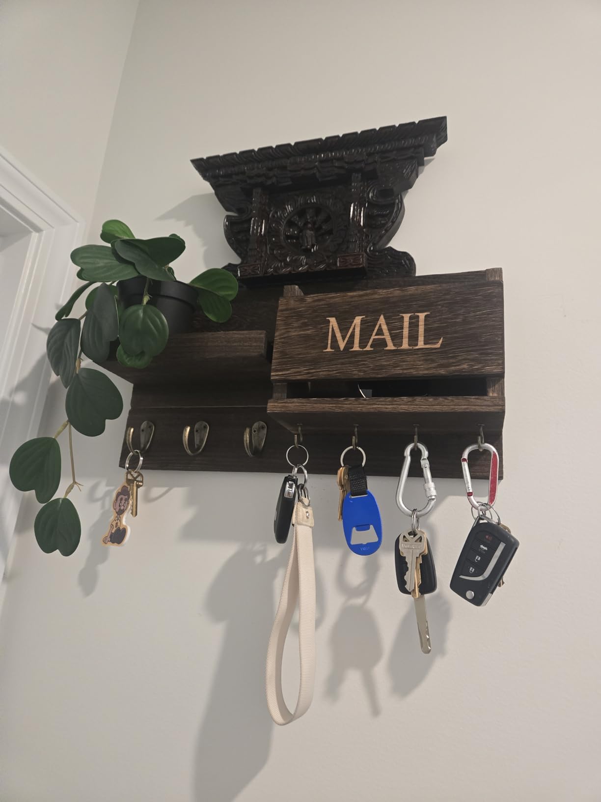 Lwenki Mail Organizer for Wall Mount – Key Holder with Shelf Includes Letter Holder and Hooks for Hallway Farmhouse Decor – Rustic Wood with Flush Mounting Hardware (16.5” x 9.1” x 3.4”) (White) customer photo 1