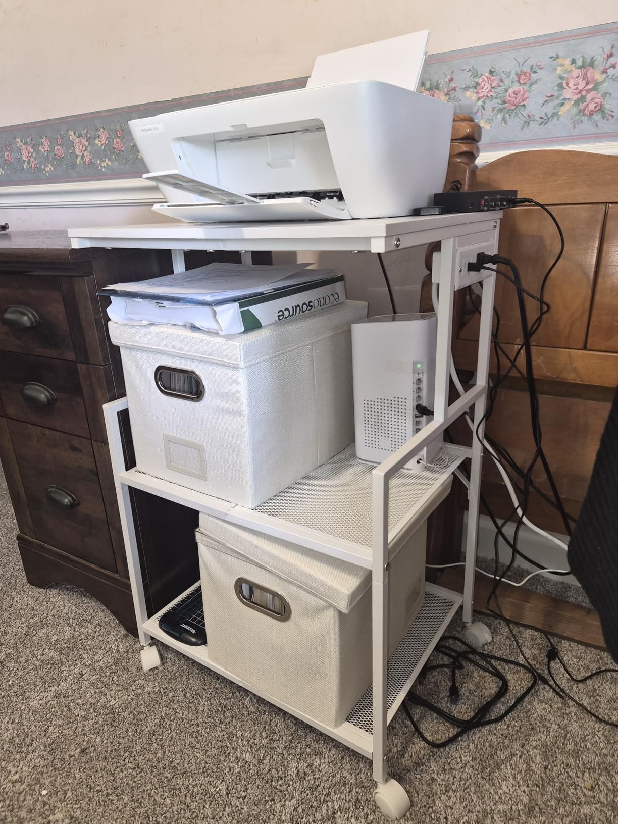 MAHANCRIS Mobile Printer Stand, 3-Tier Industrial Printer Cart with Power Outlets and 2 USB Ports, Rolling Printer Table on Wheels for Home Offices Kitchen Organization Rack, Rustic Brown PTHR78E01 customer photo 2