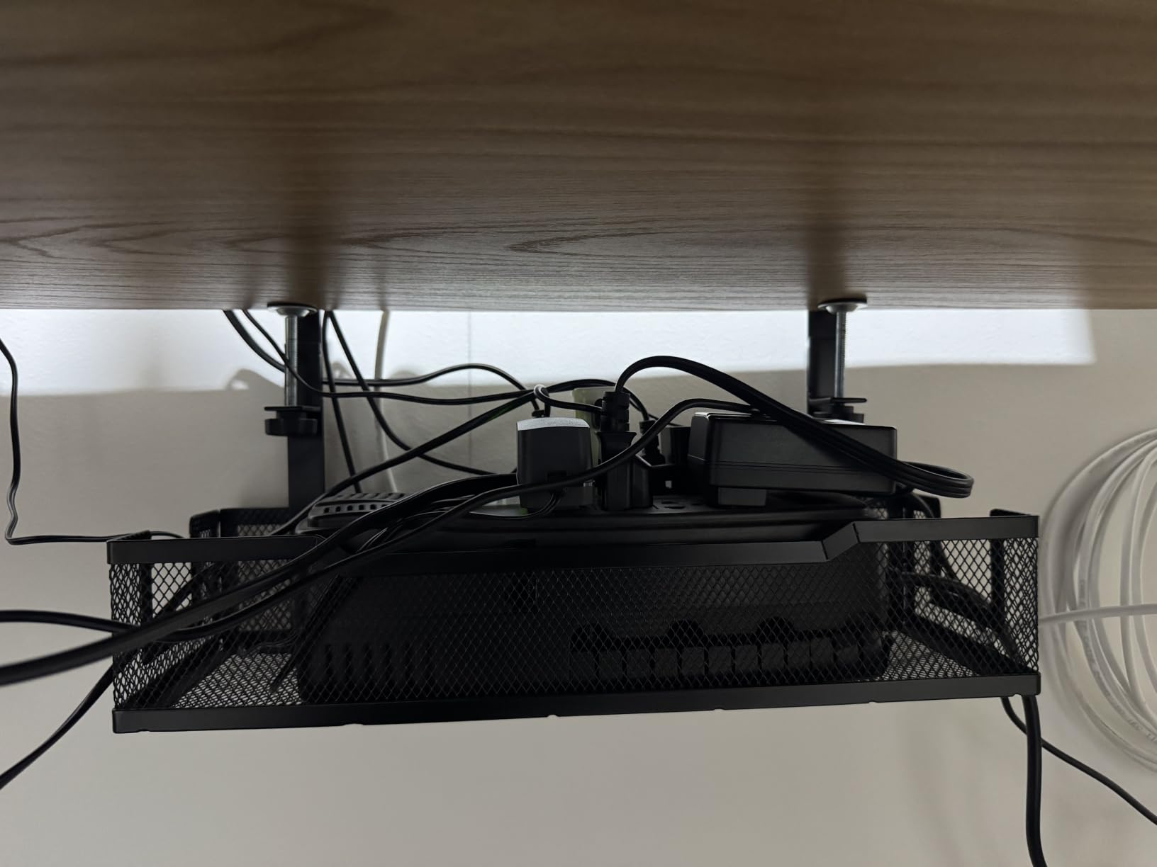 No Drill Under Desk Cable Management Tray with clamp-Premium Wire Tray Cord Organizer – Thin Steel Cable Tray Basket with Charger Holder for Desk–Black Cable Management Box–Easy to Install customer photo 1