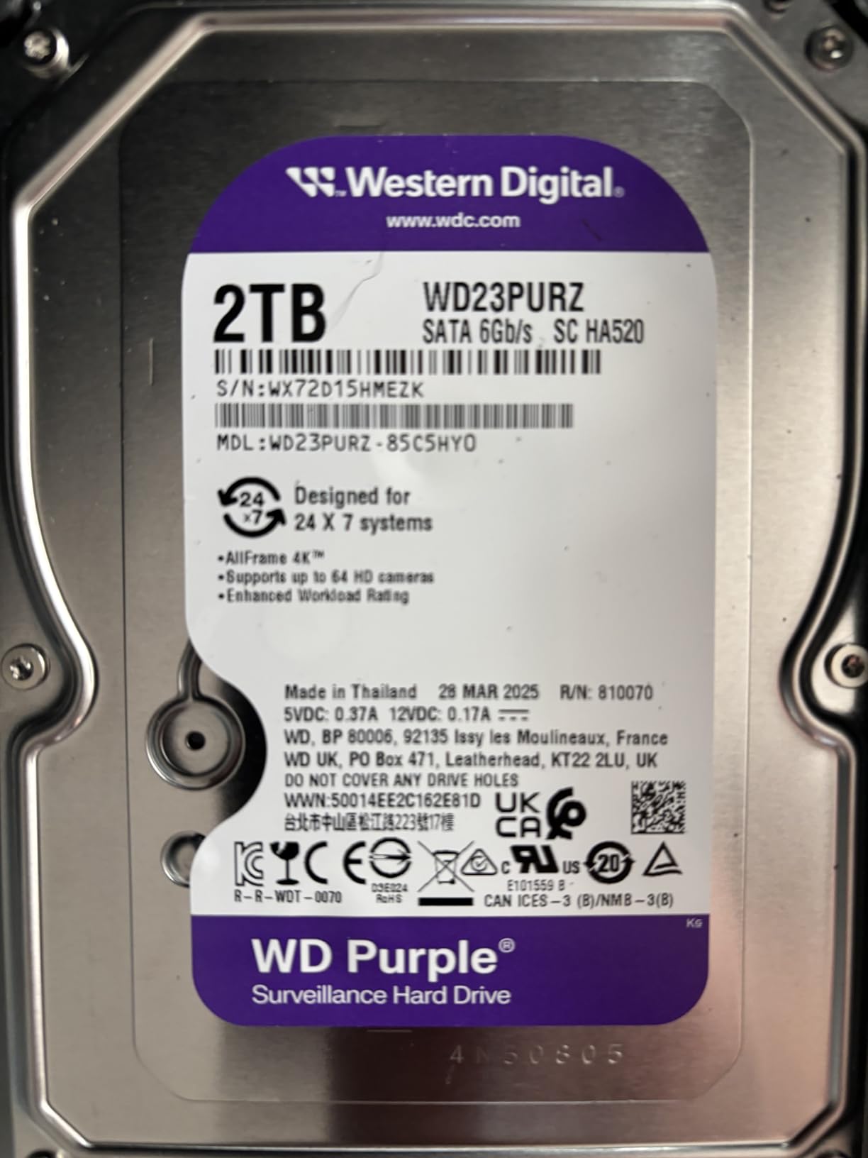 Western Digital 8TB WD Purple Surveillance Internal Hard Drive HDD - SATA 6 Gb/s, 256 MB Cache, 3.5