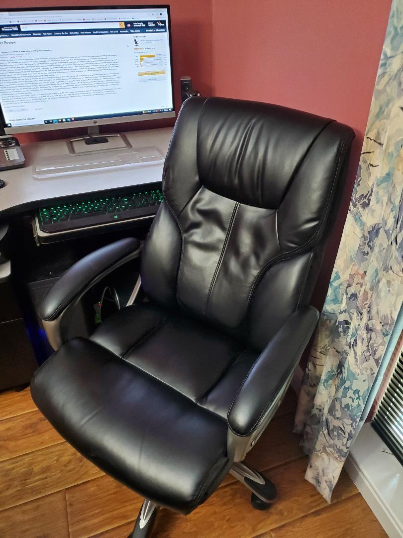 Amazon Basics Executive High Back Office Chair, Adjustable Height, Tilt, Swivel, Padded Armrests, Brown/Gold customer photo 1