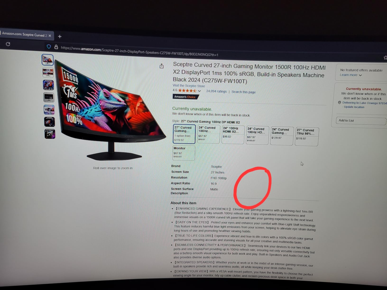 Sceptre Curved 27-inch Prime Gaming Monitor 1500R 100Hz HDMI X2 DisplayPort 1ms 100% sRGB, Build-in Speakers Machine Black 2025 (C275W-FW100T Series) customer photo 2