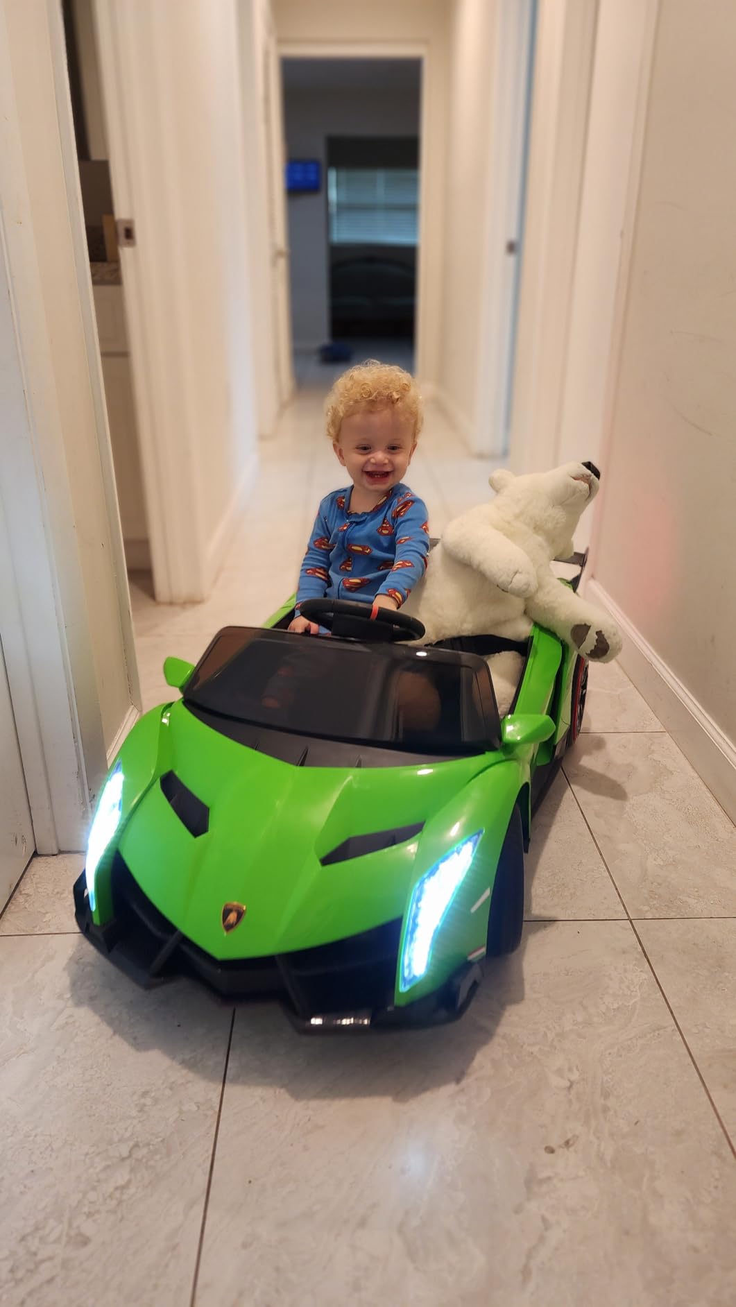 INFANS 2 Seater Kids Ride on Car, 12V 4WD Licensed Lamborghini Veneno Powered Electric Vehicle with Hydraulic Doors, Rocking Mode, Adjustable Speeds, Remote Control, MP3, Headlight (Coral) customer photo 1
