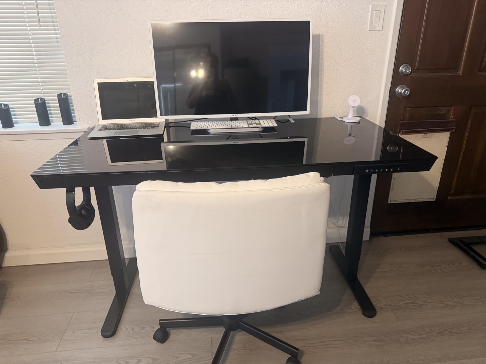 Marsail Glass Standing Desk with Drawer, 48 x 24 inch Electric Standing Desk, Height Adjustable Desk with One-Piece Tabletop & USB Charging Ports, Sit Stand Desk with Storage for Home & Office White customer photo 2