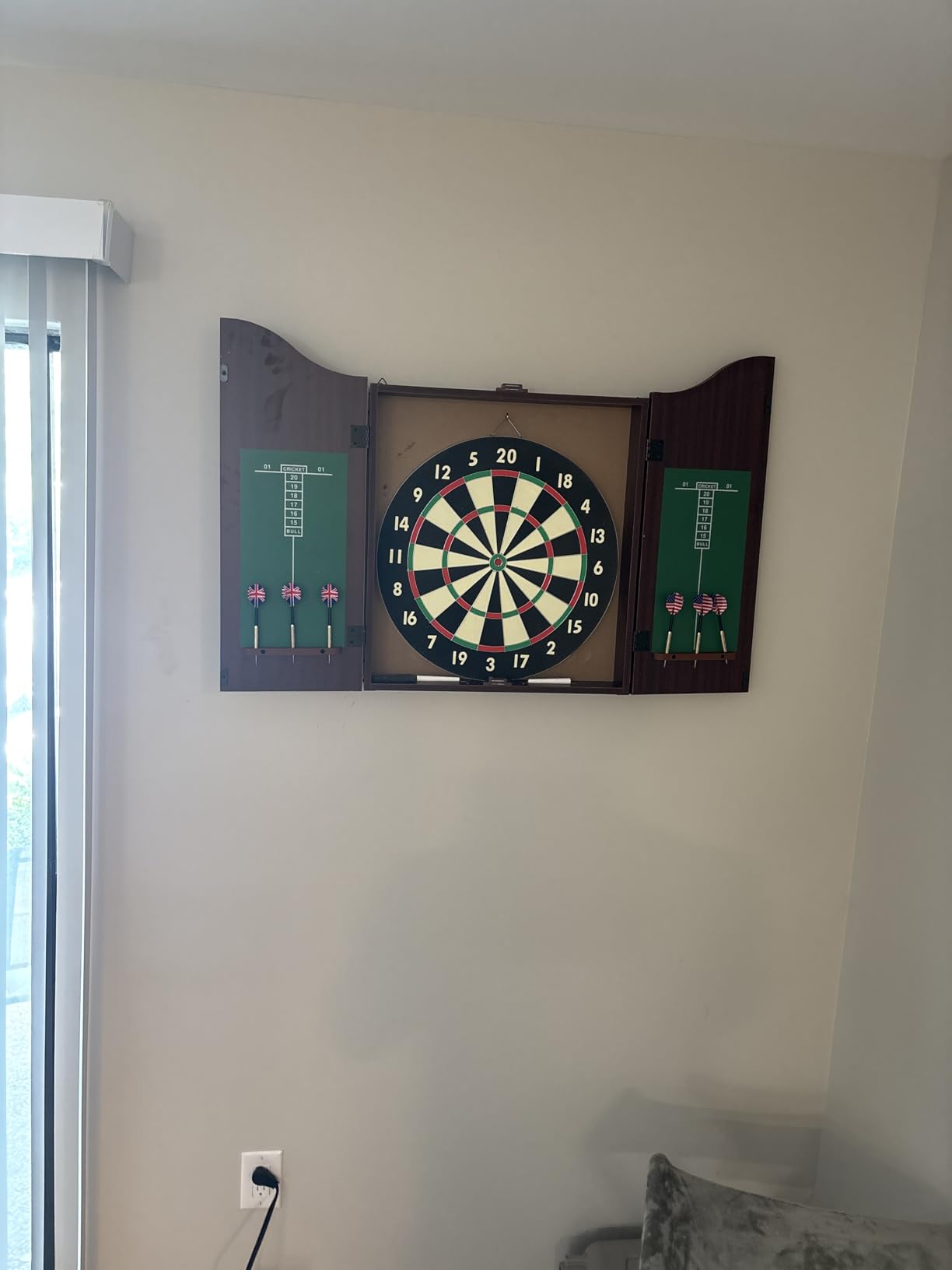 Trademark Poker Dart Board Cabinet Set with 18” Dartboard, Walnut, 20”x25” customer photo 1