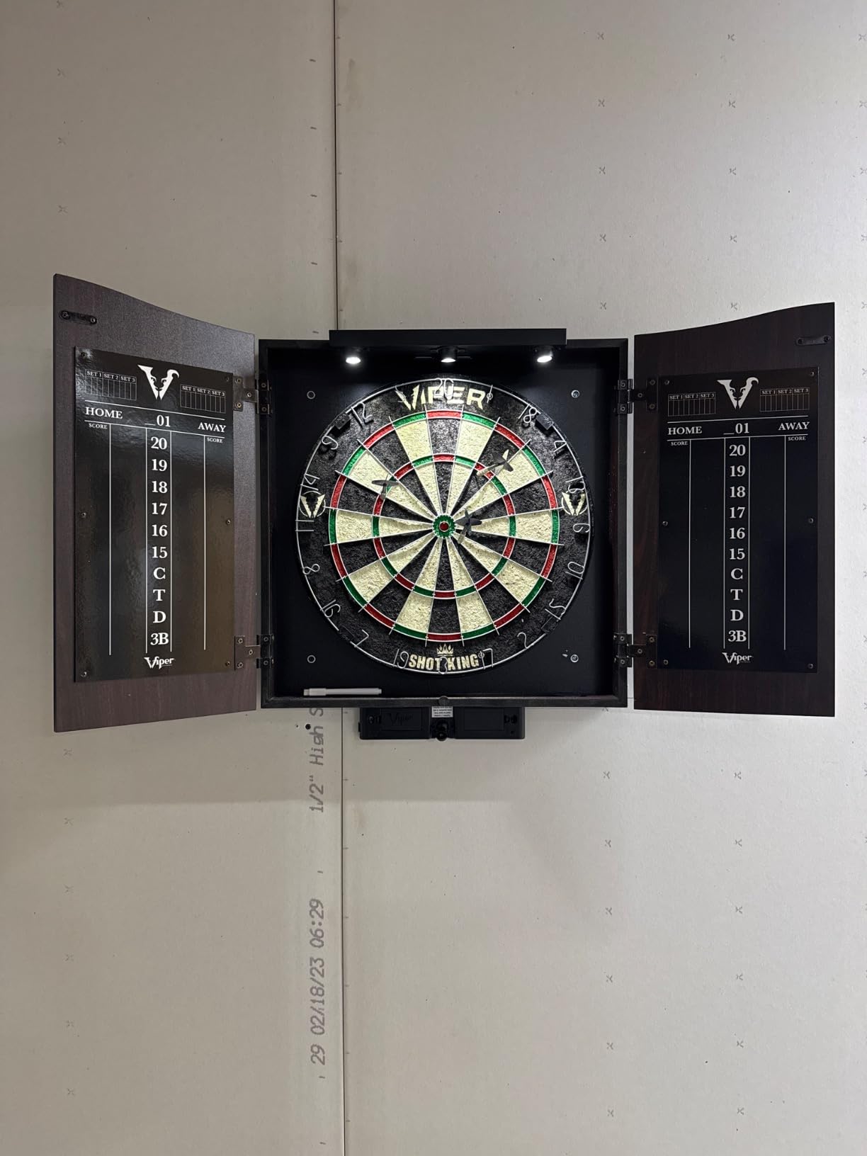 Viper Vault Cabinet & Shot King Sisal/Bristle Dartboard Ready-to-Play Bundle with Two Sets of Steel-Tip Darts, Throw Line, and Dry Erase Scoreboards, Walnut Finish customer photo 2