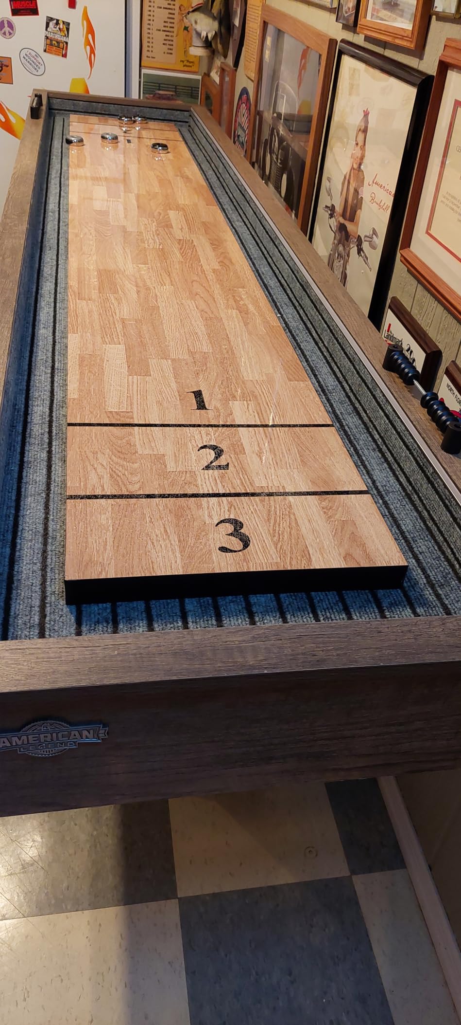 American Legend Kirkwood 9’ Shuffleboard Table with LED Rails, Bowling Game Set, Rustic Wood Finish & Accessories Included customer photo 1