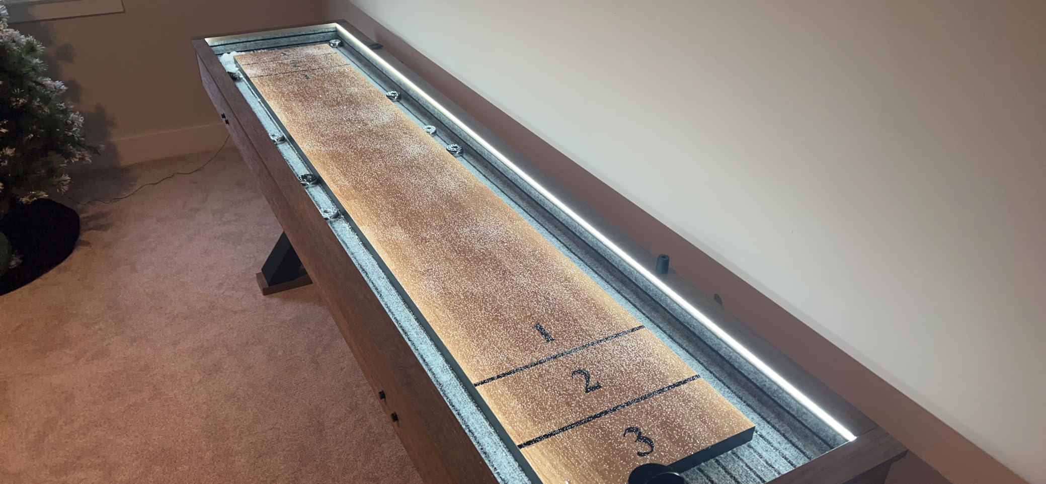 American Legend Kirkwood 9’ Shuffleboard Table with LED Rails, Bowling Game Set, Rustic Wood Finish & Accessories Included customer photo 2