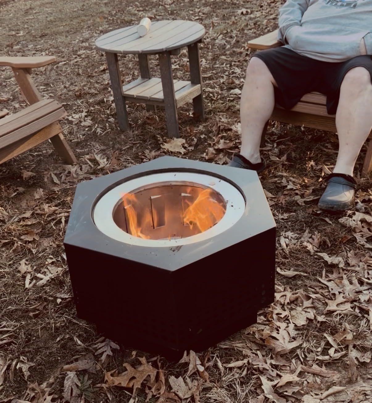 SUNJOY Smokeless Fire Pit 28-Inch Hexagonal Firepit for Outdoor, Stainless Steel Wood Burning Fireplace with Removable Ash Pan, PVC Cover and Fire Poker, Ideal for Camping, Bonfire, Backyard, Black customer photo 1