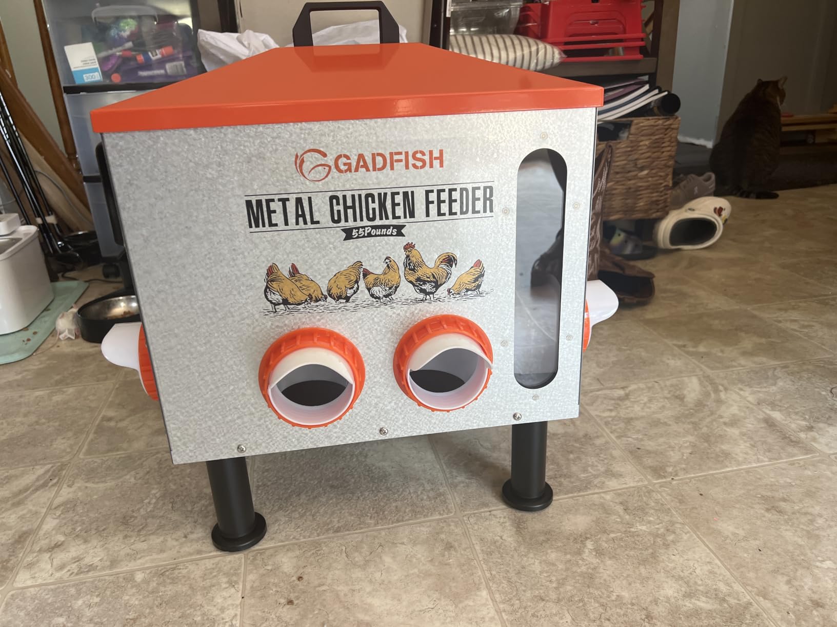 GADFISH 55LBS Large Capacity Automatic Chicken Feeder - Upgraded Window Design Allows Viewing of Feed Conditions, 8 Feeding Ports, Anti-Waste Design, Height-Adjustable Legs & Secure customer photo 2